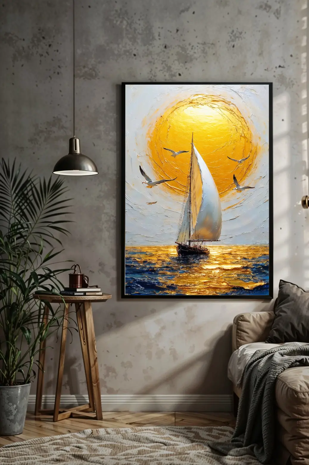 Coastal living room with framed golden sunset sailboat painting above neutral sofa, nautical wall art PNG digital download for coastal home décor