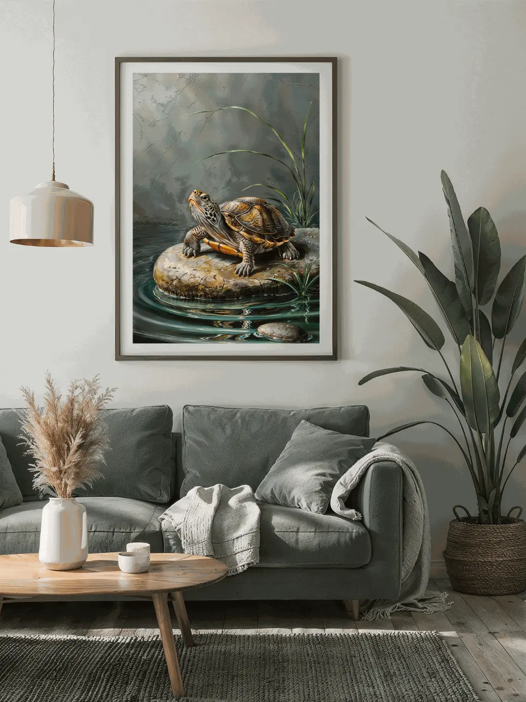 Transform your living space with this realistic turtle digital wall art, beautifully showcased in a modern living room mockup. The artwork features a lifelike turtle resting on a rock in calm water, surrounded by tall grasses—bringing a serene, nature‑inspired touch to contemporary décor. Styled above a gray sofa with warm textures, pampas grass, and lush greenery, this mockup highlights how effortlessly the wildlife artwork PNG blends with modern interiors. Perfect for showcasing digital wall art, printable artwork, and wildlife‑inspired décor, this mockup helps customers envision how the piece will look in their own homes