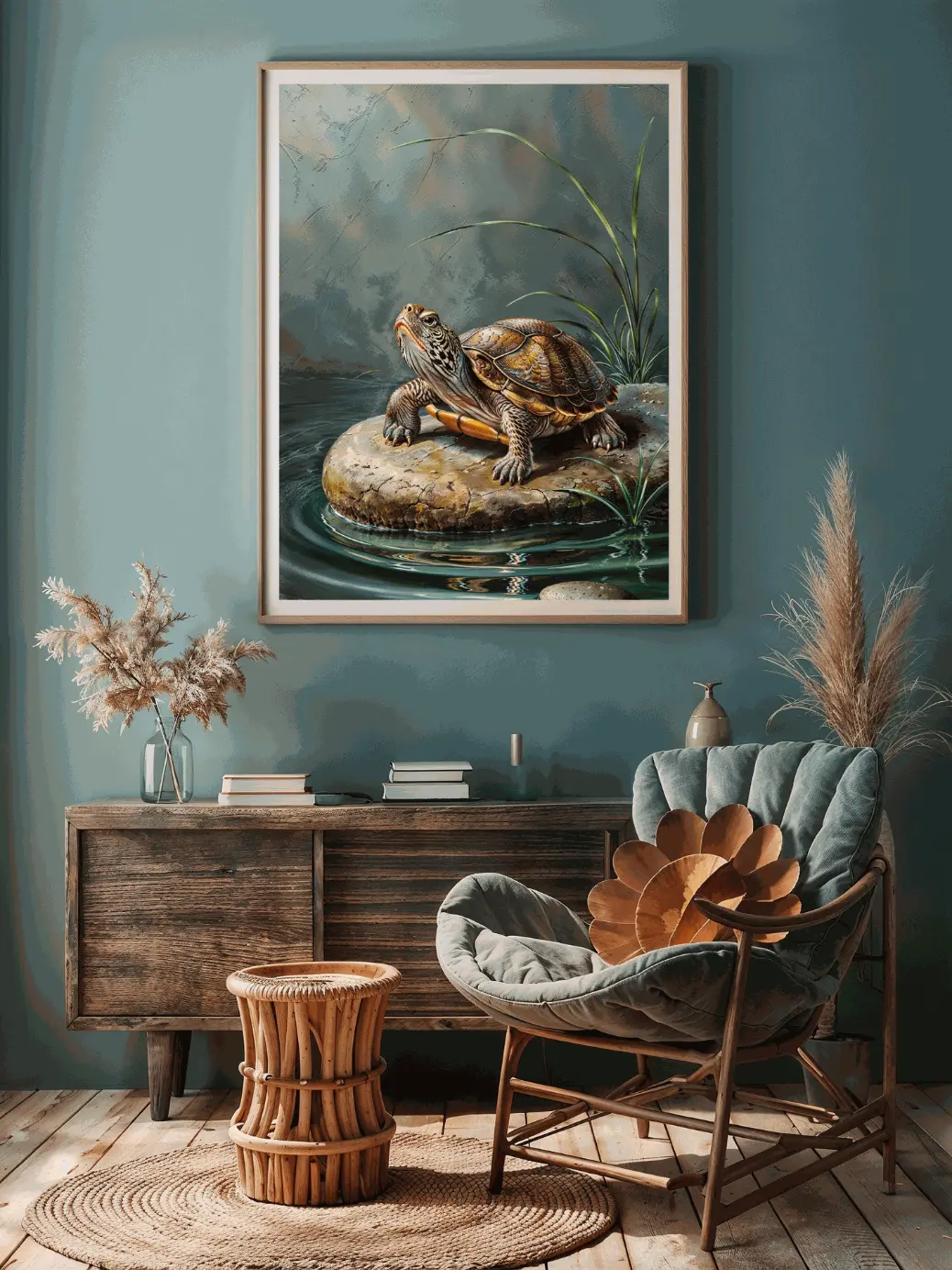 Bring serenity and style into your home with this realistic turtle digital wall art mockup. Showcased in a modern living room with soft gray tones, pampas grass, and lush greenery, this wildlife artwork PNG blends nature with contemporary décor. Perfect for meditation spaces, living rooms, or offices, this printable turtle painting adds calm, beauty, and sophistication. Instant download, high‑resolution PNG, and easy to print for your wall décor needs.