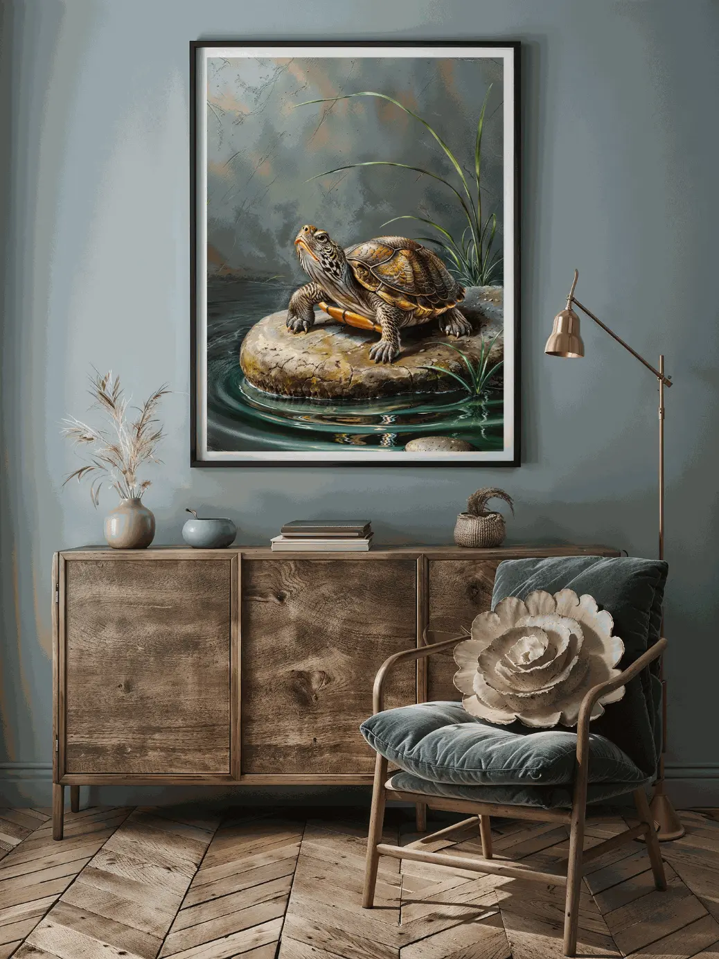 Bring serenity and style into your home with this realistic turtle digital wall art mockup. Showcased in a modern living room with soft gray tones, pampas grass, and lush greenery, this wildlife artwork PNG blends nature with contemporary décor. Perfect for meditation spaces, living rooms, or offices, this printable turtle painting adds calm, beauty, and sophistication. Instant download, high‑resolution PNG, and easy to print for your wall décor needs.