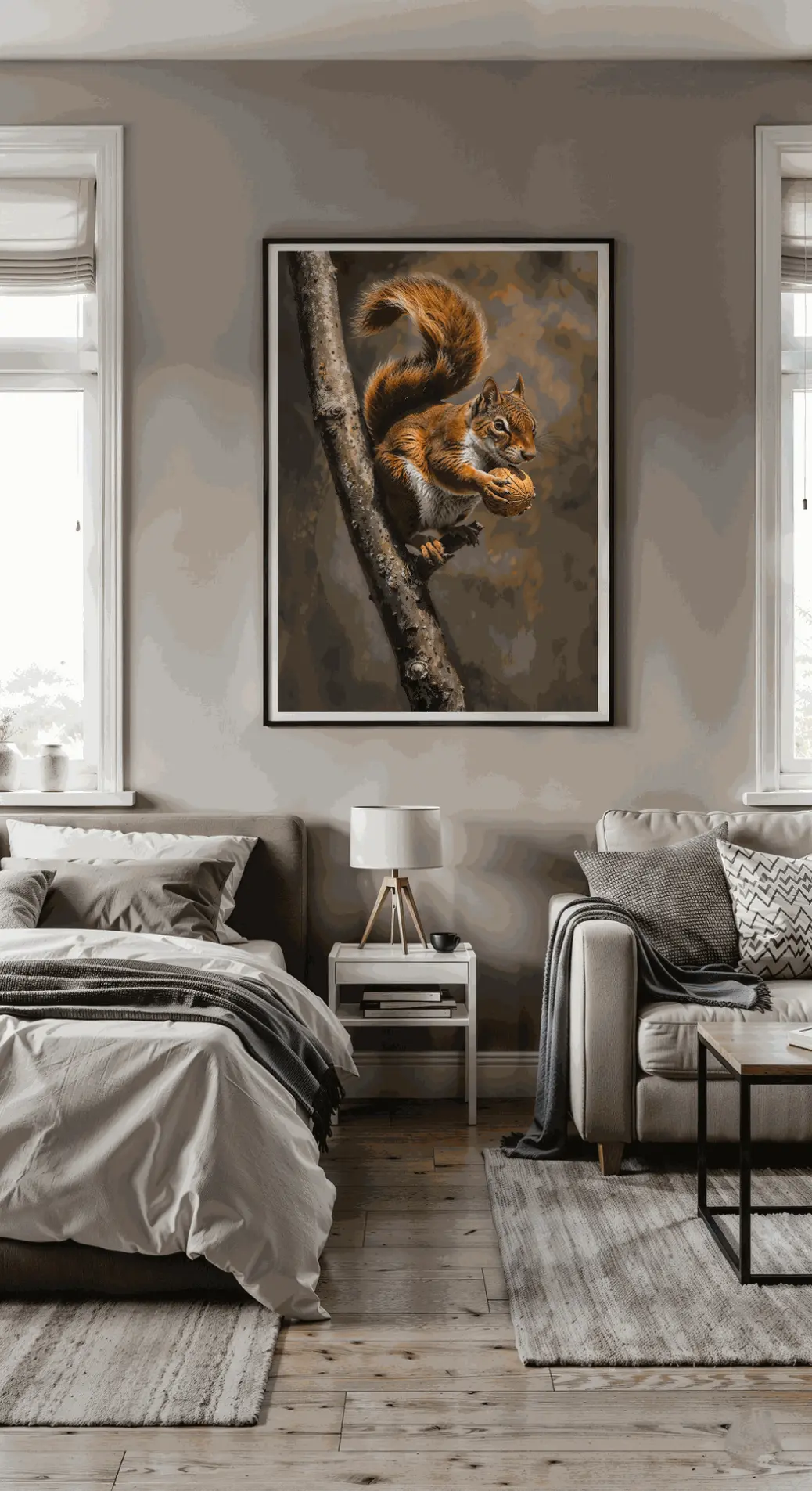 “Realistic squirrel holding nut on tree branch | Wildlife digital wall art PNG | Rustic woodland home décor”  