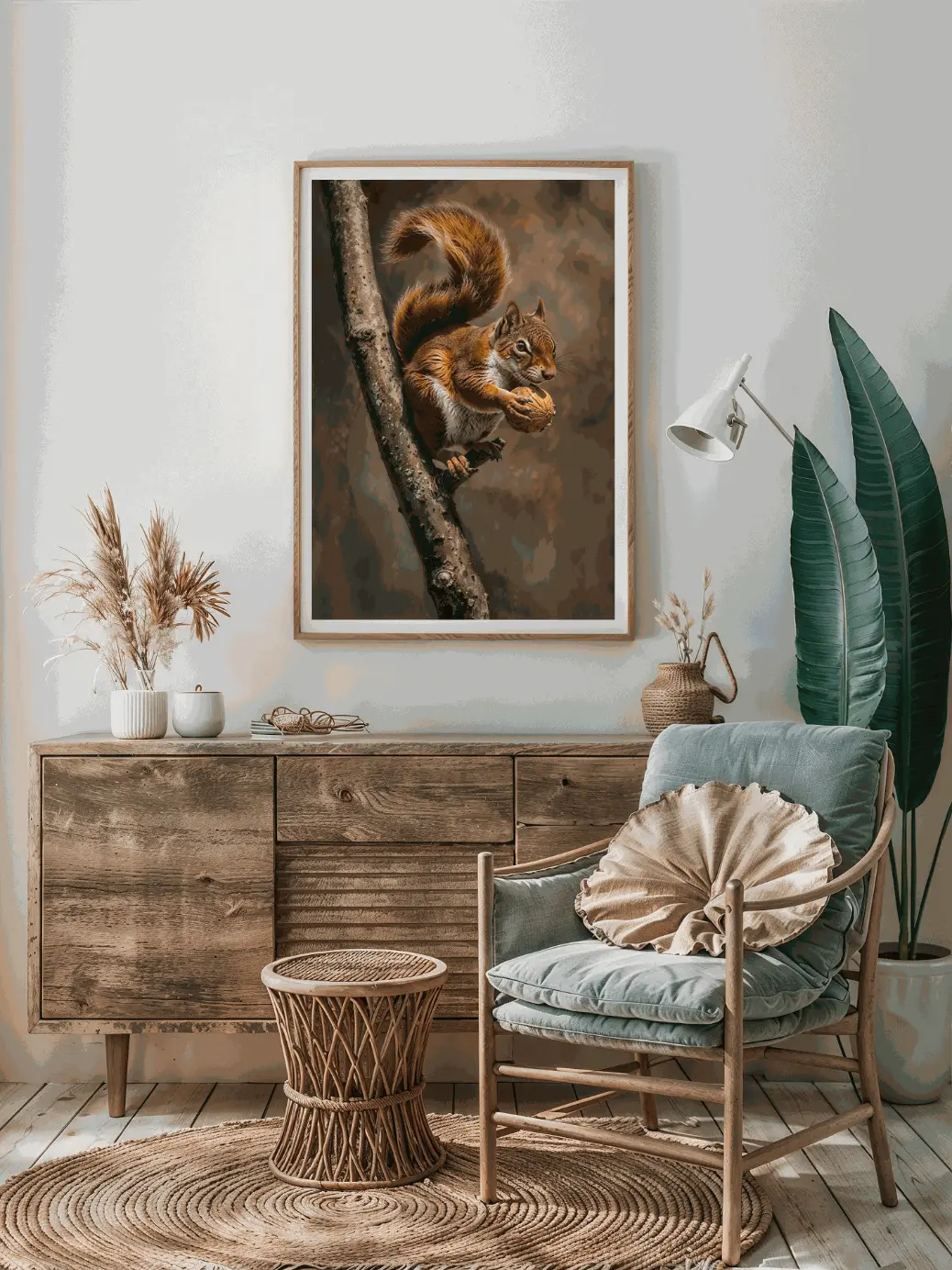Cinematic squirrel on tree branch holding nut | Nature digital wall art PNG | Forest animal home décor”  