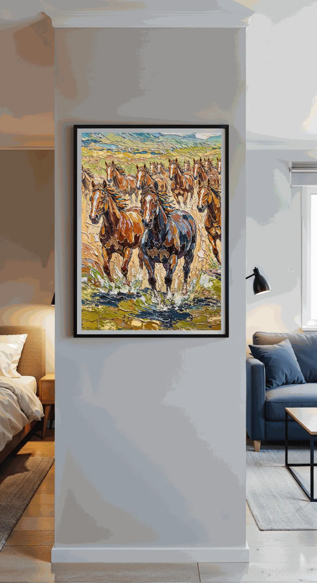 Digital wall art of wild horses running through water, vibrant fantasy landscape, instant PNG download  Cinematic horse painting, wildlife digital artwork with bold brushstrokes, printable home décor PNG  