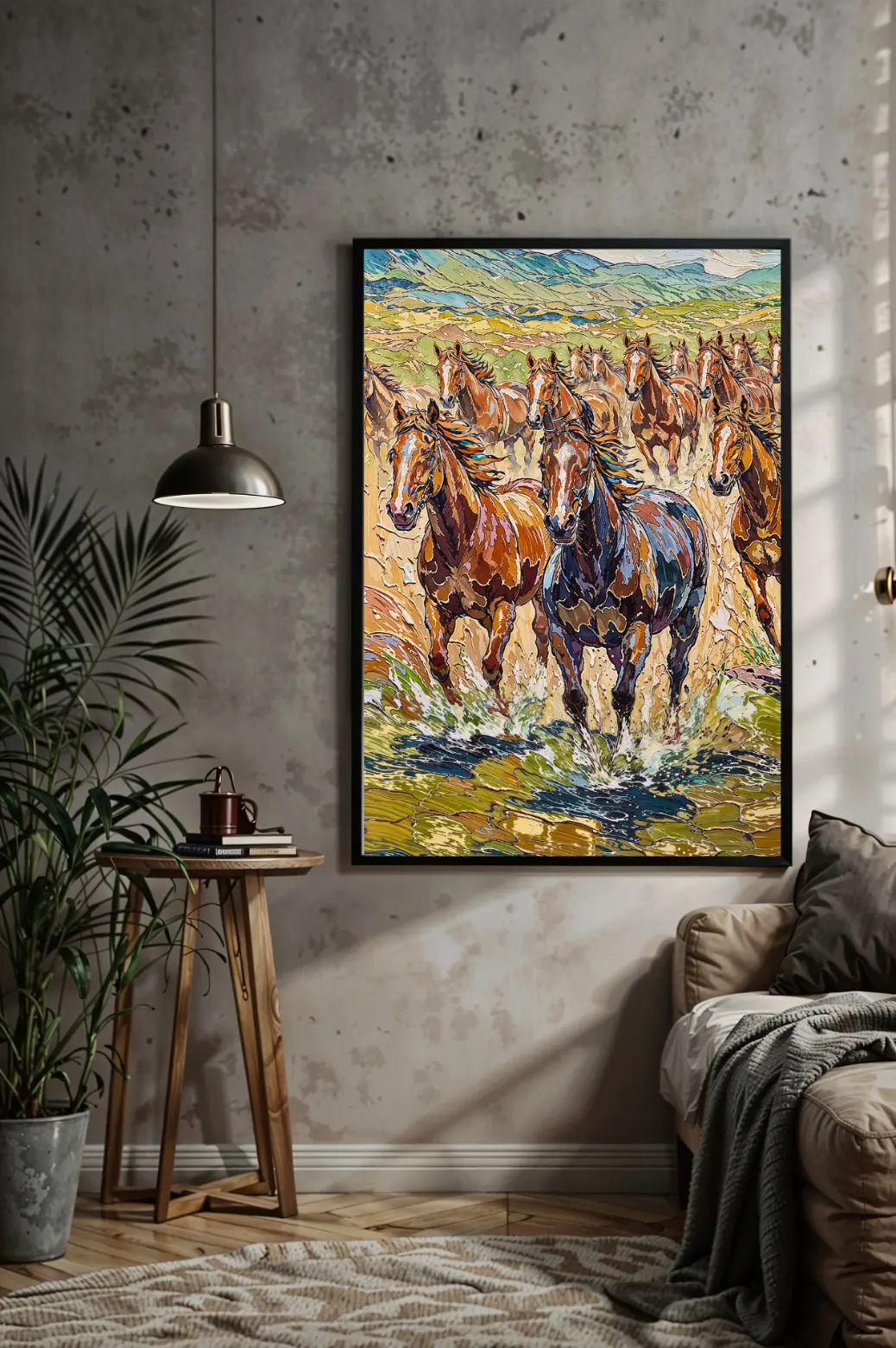Cinematic horse painting, wildlife digital artwork with bold brushstrokes, printable home décor PNG  