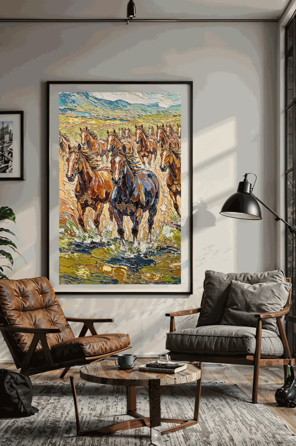 Equine digital wall art, fantasy wildlife scene with mountains and sky, high‑resolution PNG download  