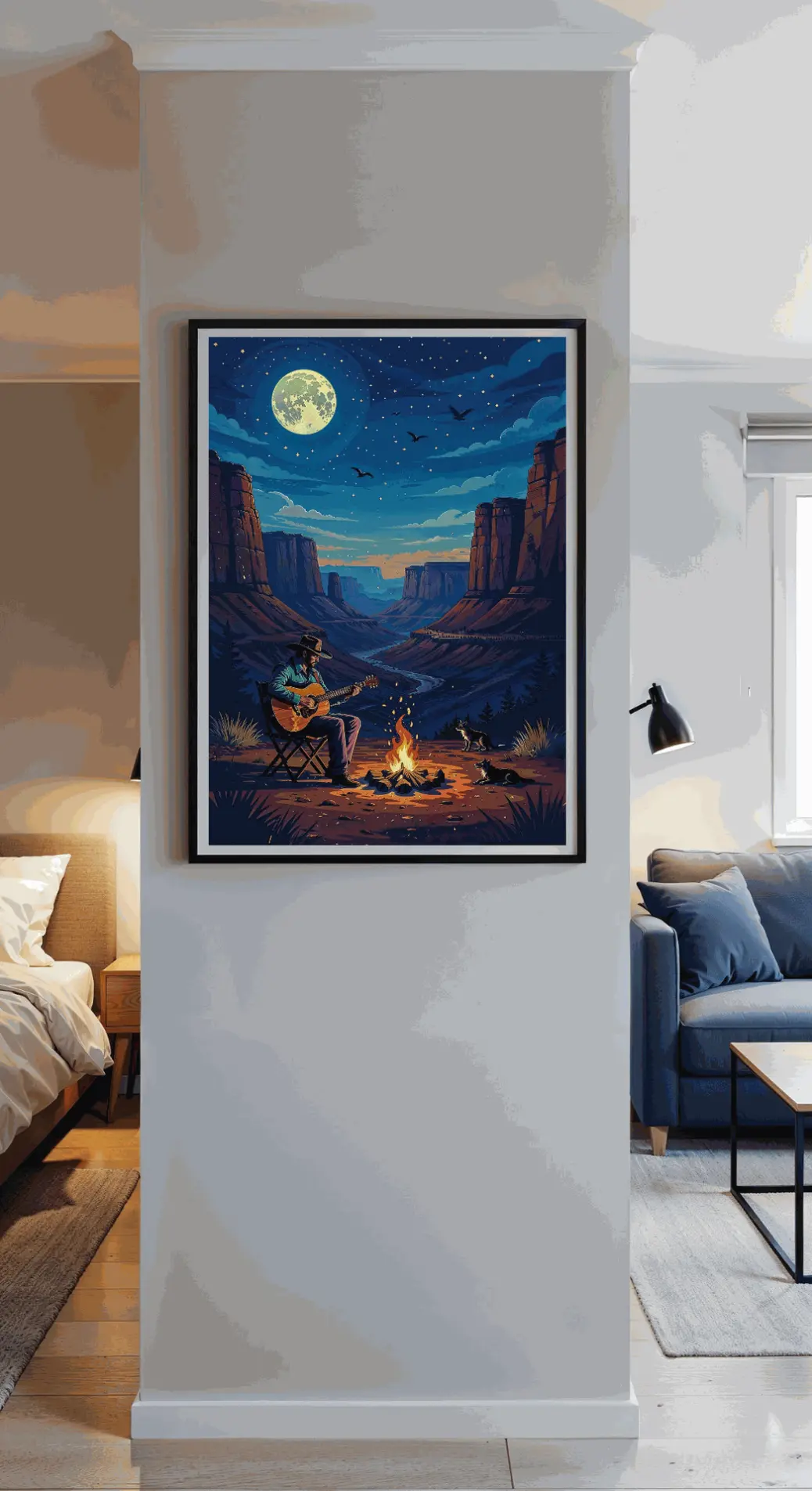 Canyon night digital artwork featuring campfire, acoustic guitar, and full moon PNG download  