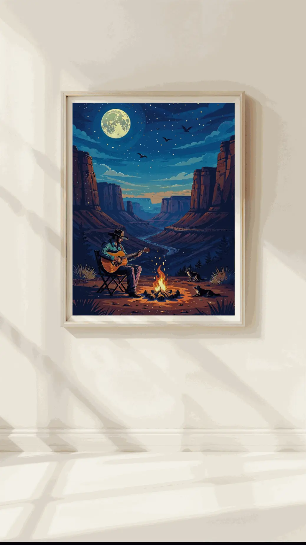 Printable wall art of serene canyon landscape with campfire, musician, and loyal dogs resting  
