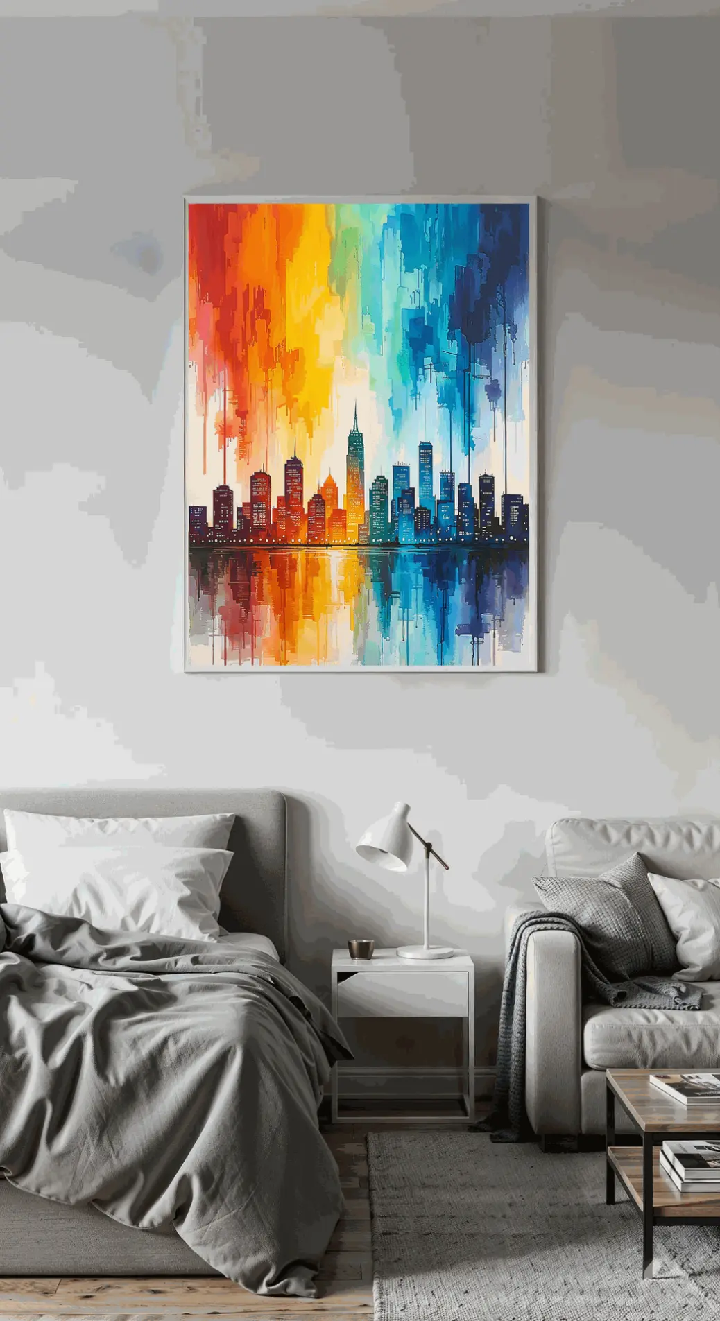 “Vibrant digital wall art of a modern city skyline reflected on water, featuring bold abstract colors with dripping paint textures. Perfect printable PNG artwork for home décor, office walls, or creative spaces.” 