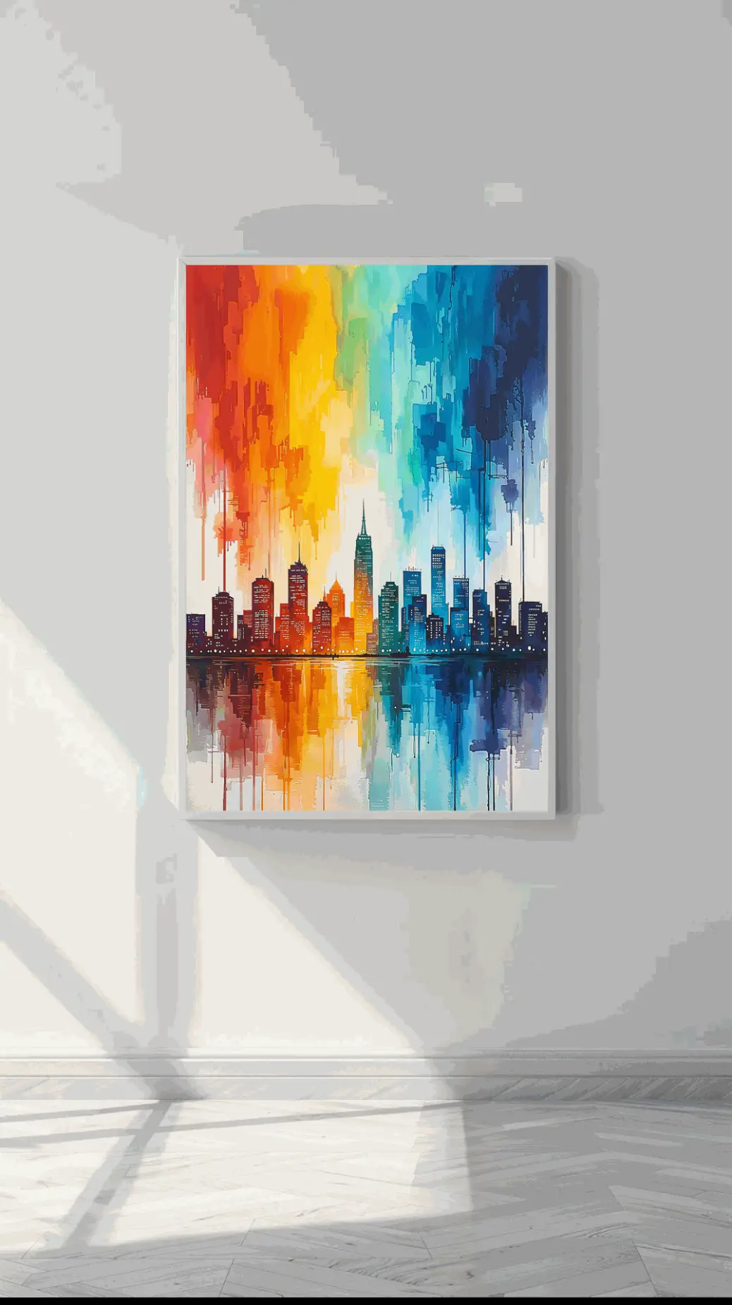“Colorful abstract cityscape digital artwork with skyscraper reflection, blending warm reds, oranges, yellows into cool blues, greens, and purples. High‑resolution PNG digital wall art for instant download.” 