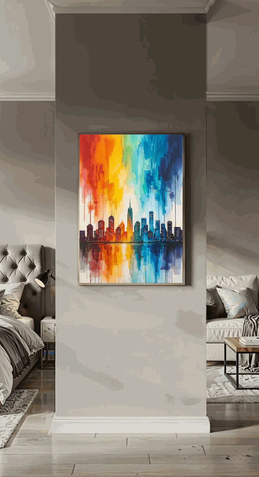 “Modern skyline reflection digital wall art in abstract style with dripping paint effect. Printable PNG artwork ideal for home décor, office décor, or gallery wall displays.”  