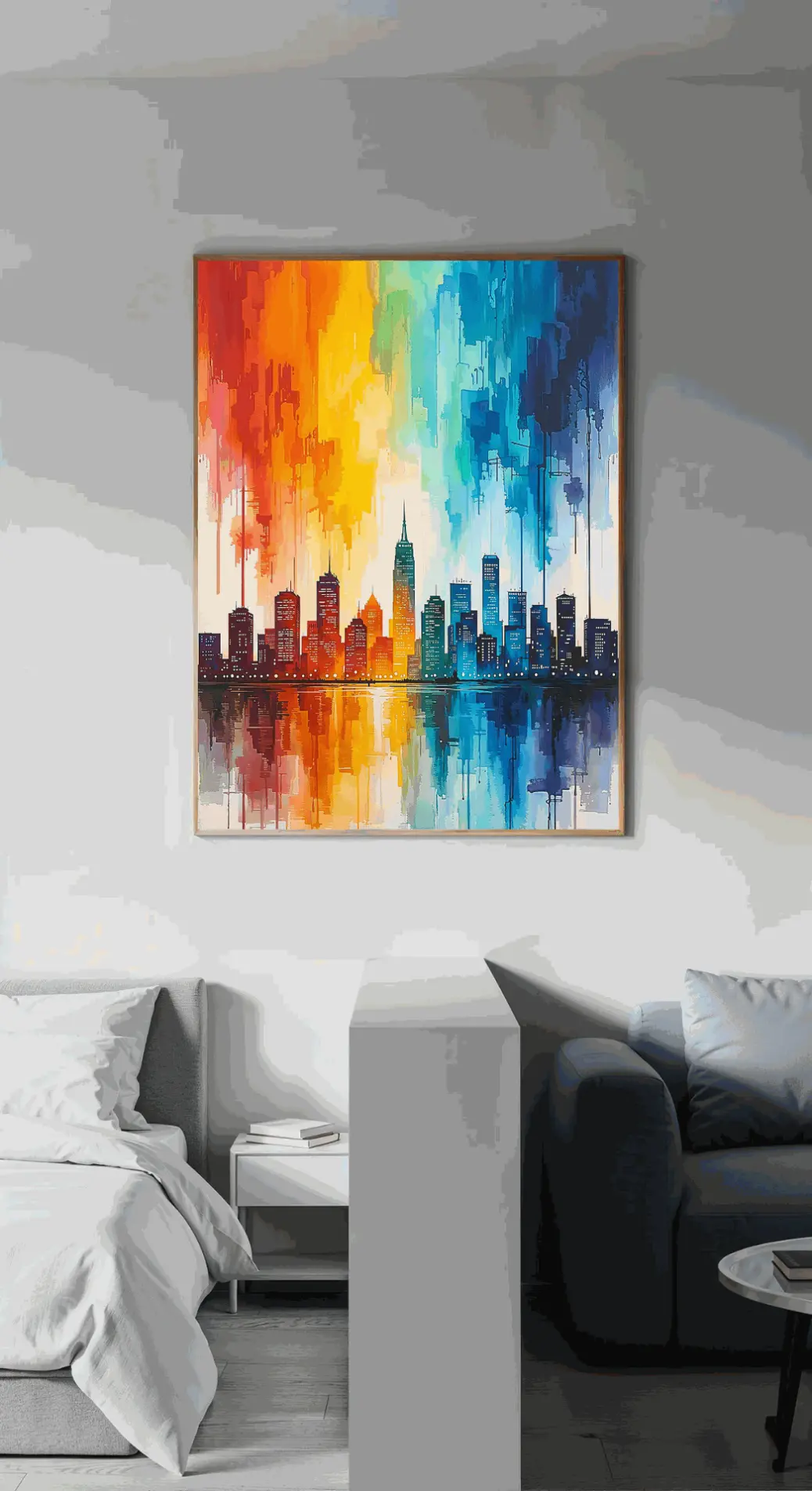 Abstract city skyline digital artwork with vibrant gradient tones and mirrored water reflection. Digital wall art PNG download for modern home décor and stylish office walls.