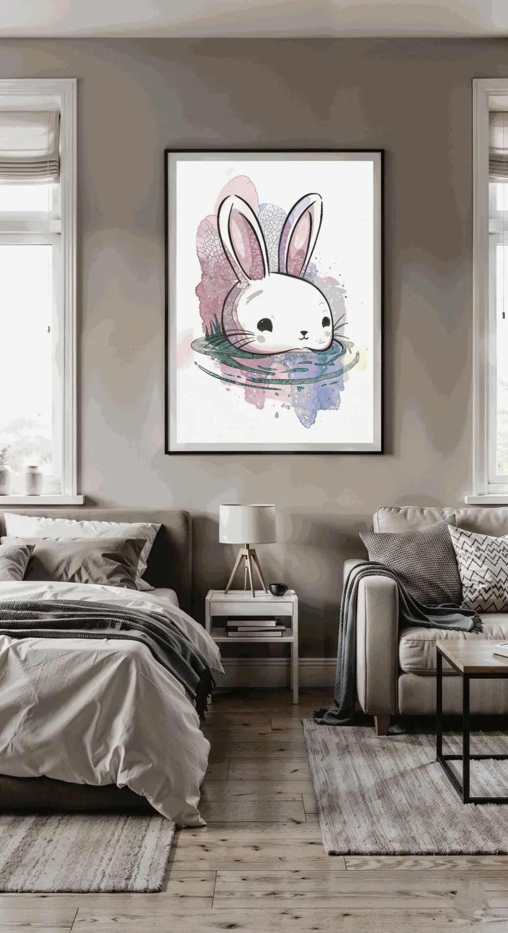 Whimsical white rabbit digital wall art illustration in pastel watercolor tones, printable PNG for nursery décor and cozy home styling.  