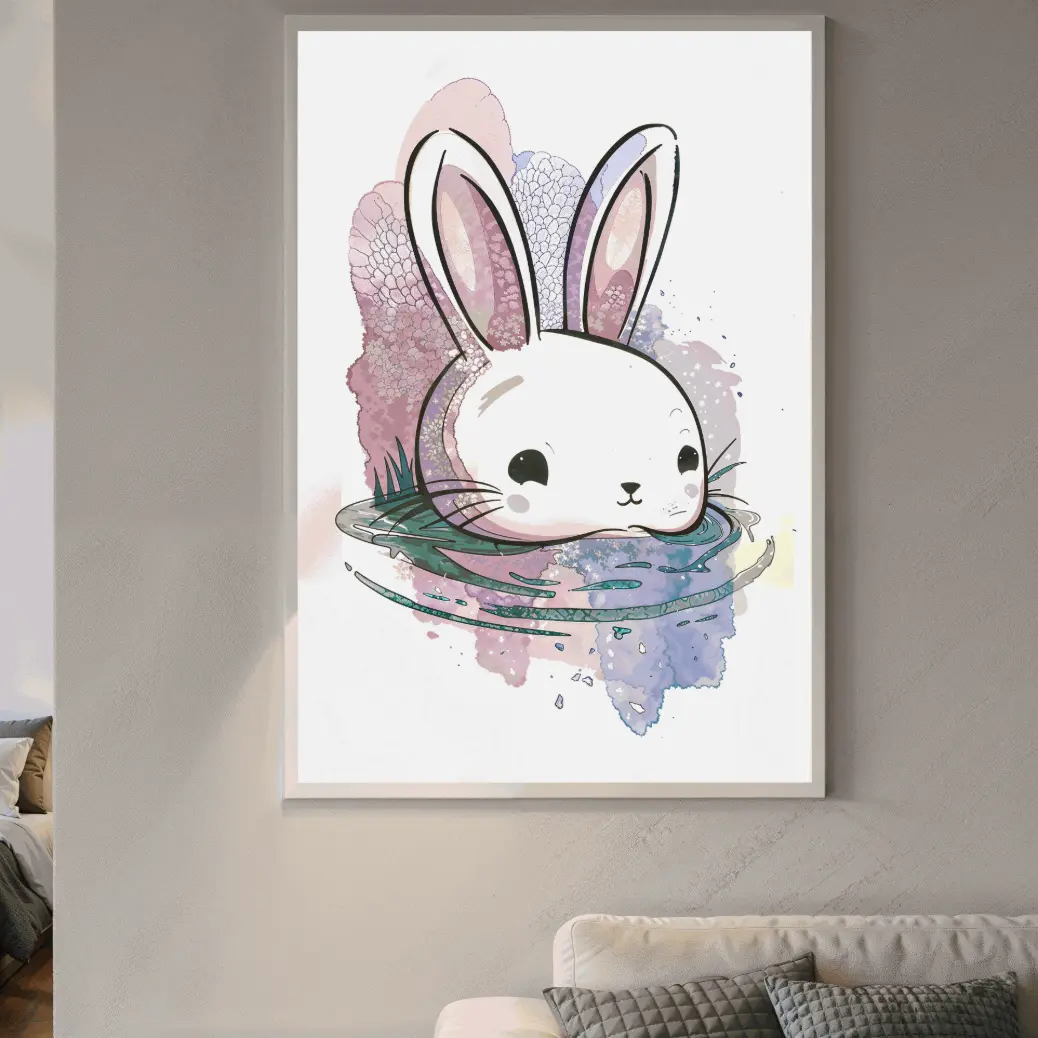 Fantasy rabbit in water digital artwork with dreamy purple and pink watercolor textures, cute animal illustration for kids room wall art.  