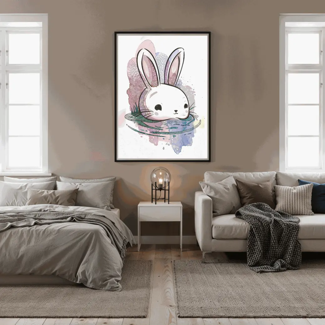 Printable rabbit wall art with blush‑cheeked bunny and soft pastel background, whimsical digital artwork for nursery and living room.  