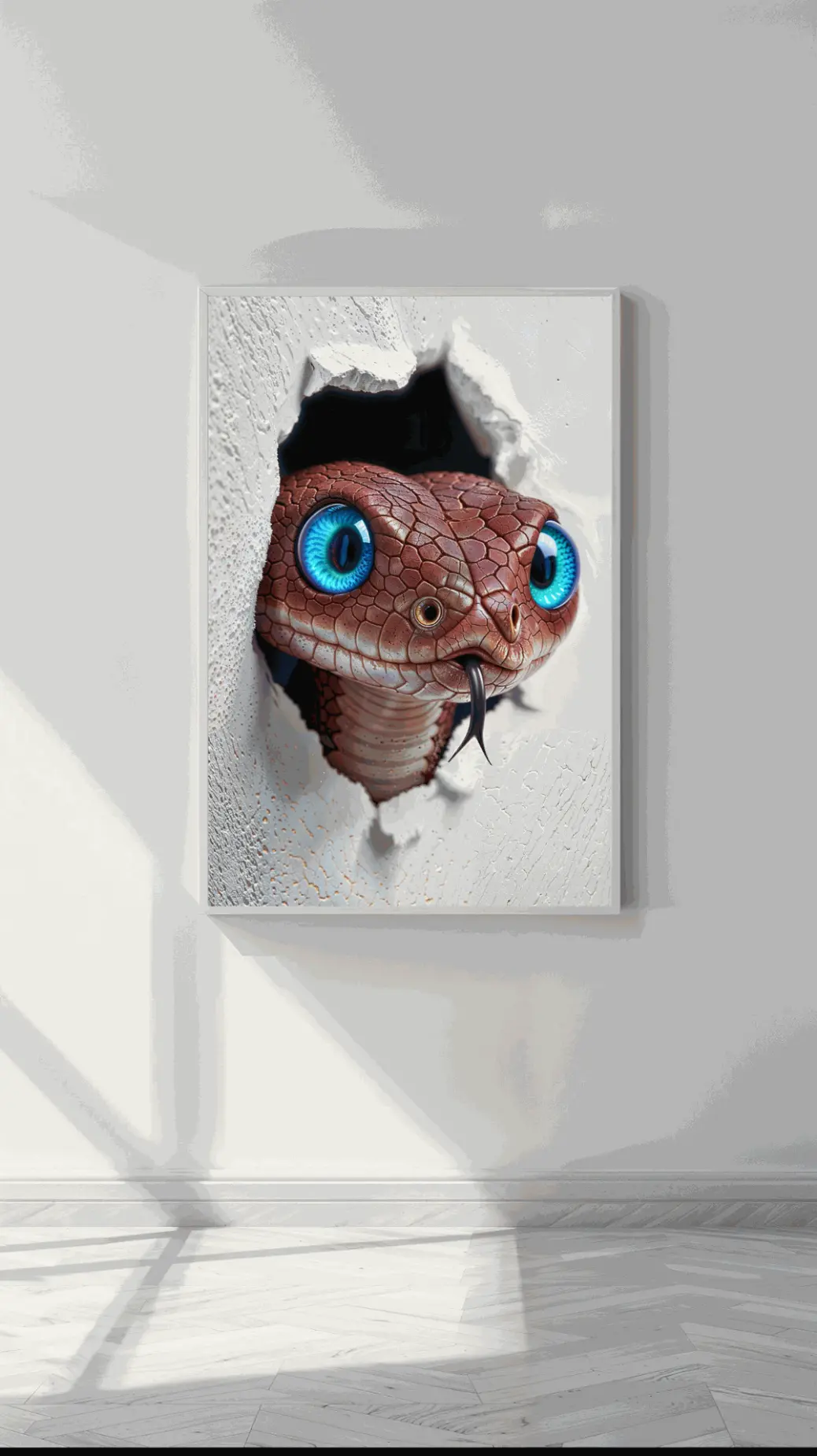 A curious snake with vivid blue eyes emerging from a broken section of a textured white wall