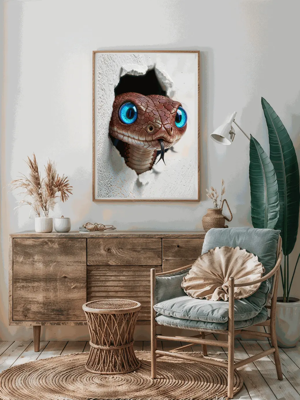 A close-up of a snake with striking blue eyes peeking through a hole in a cracked white wall