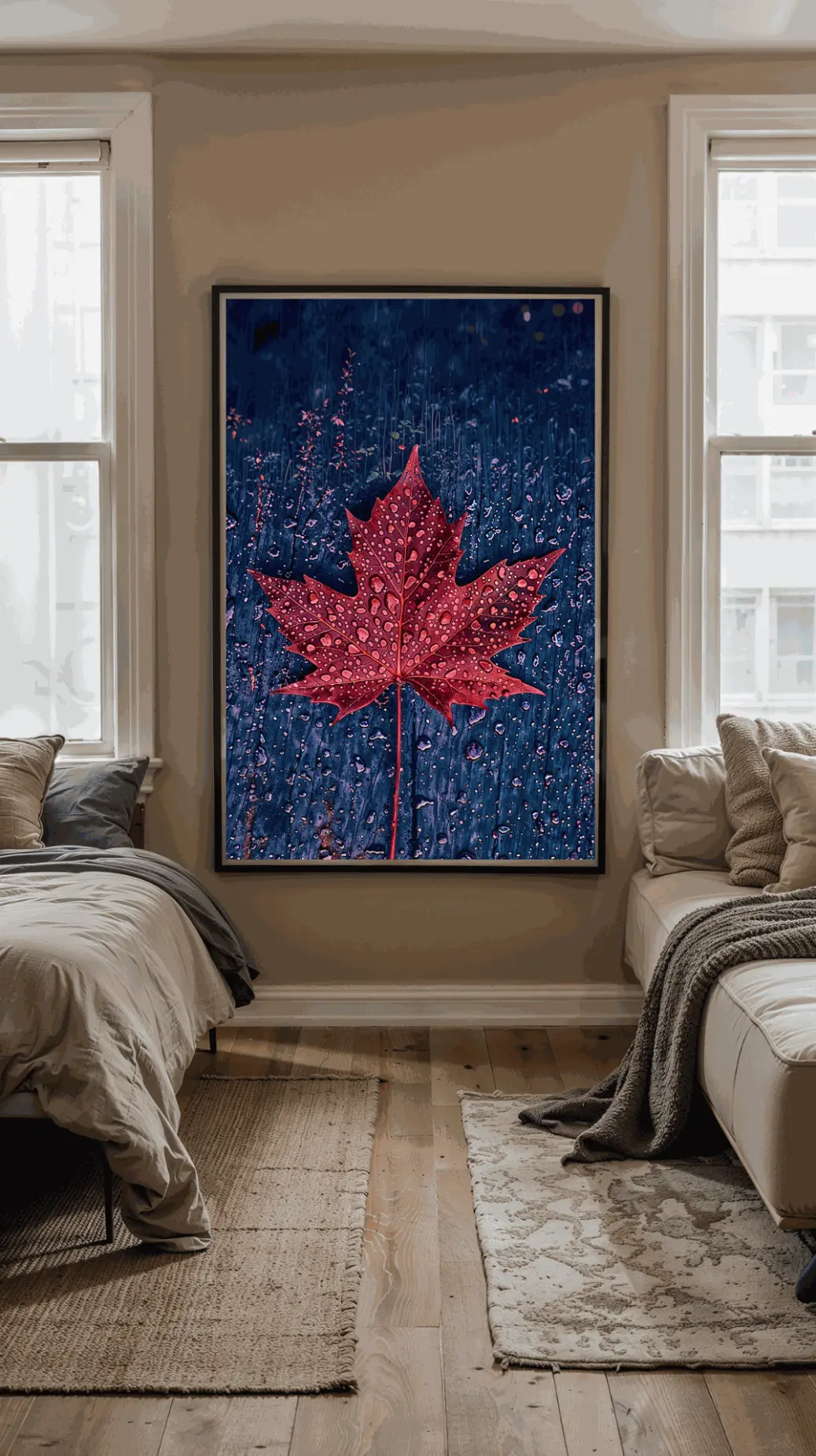 A vibrant red maple leaf with water droplets resting on a wet, dark wooden surface