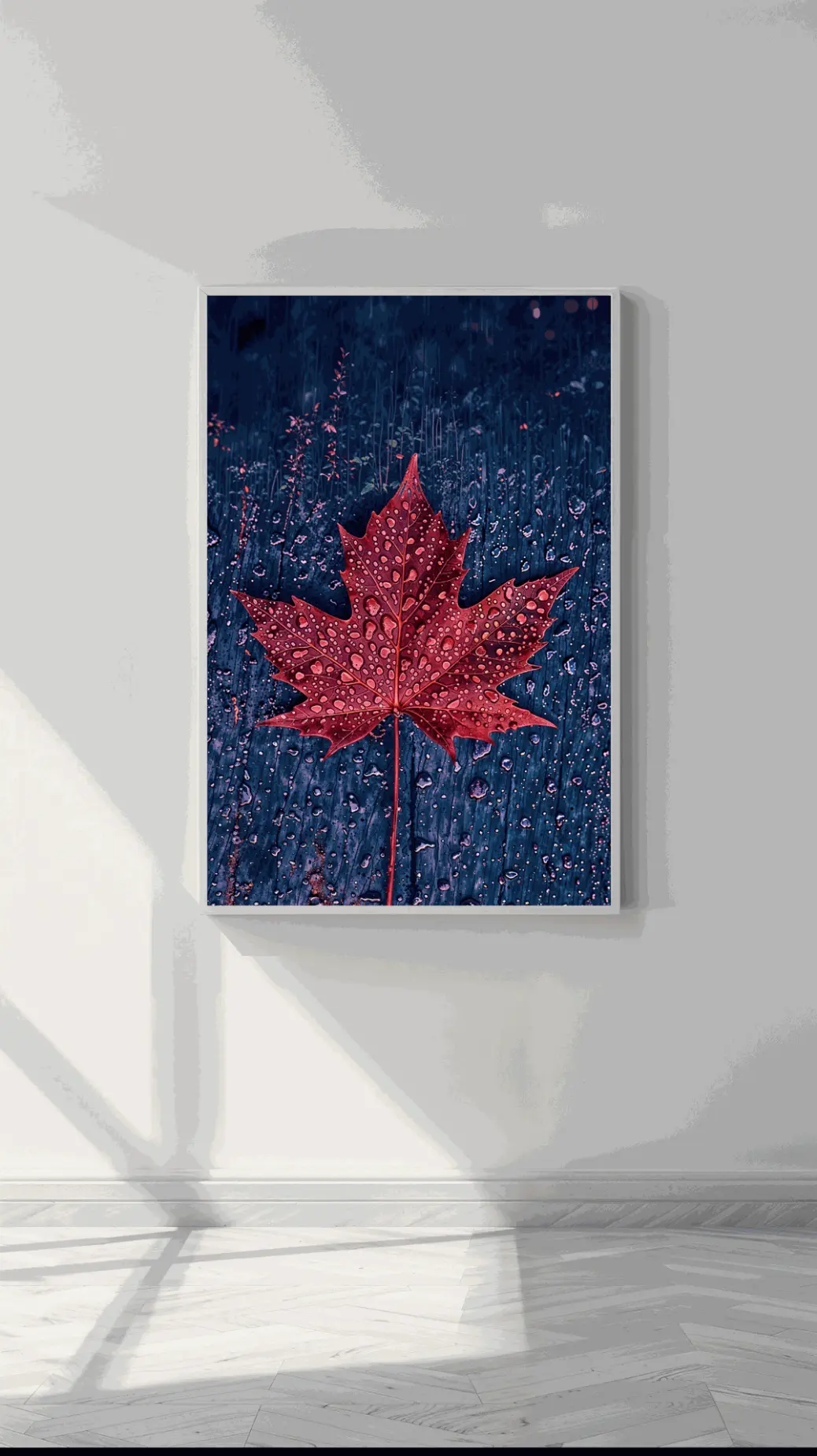 "A close-up of a red autumn leaf covered in dew drops, set against a damp wooden background