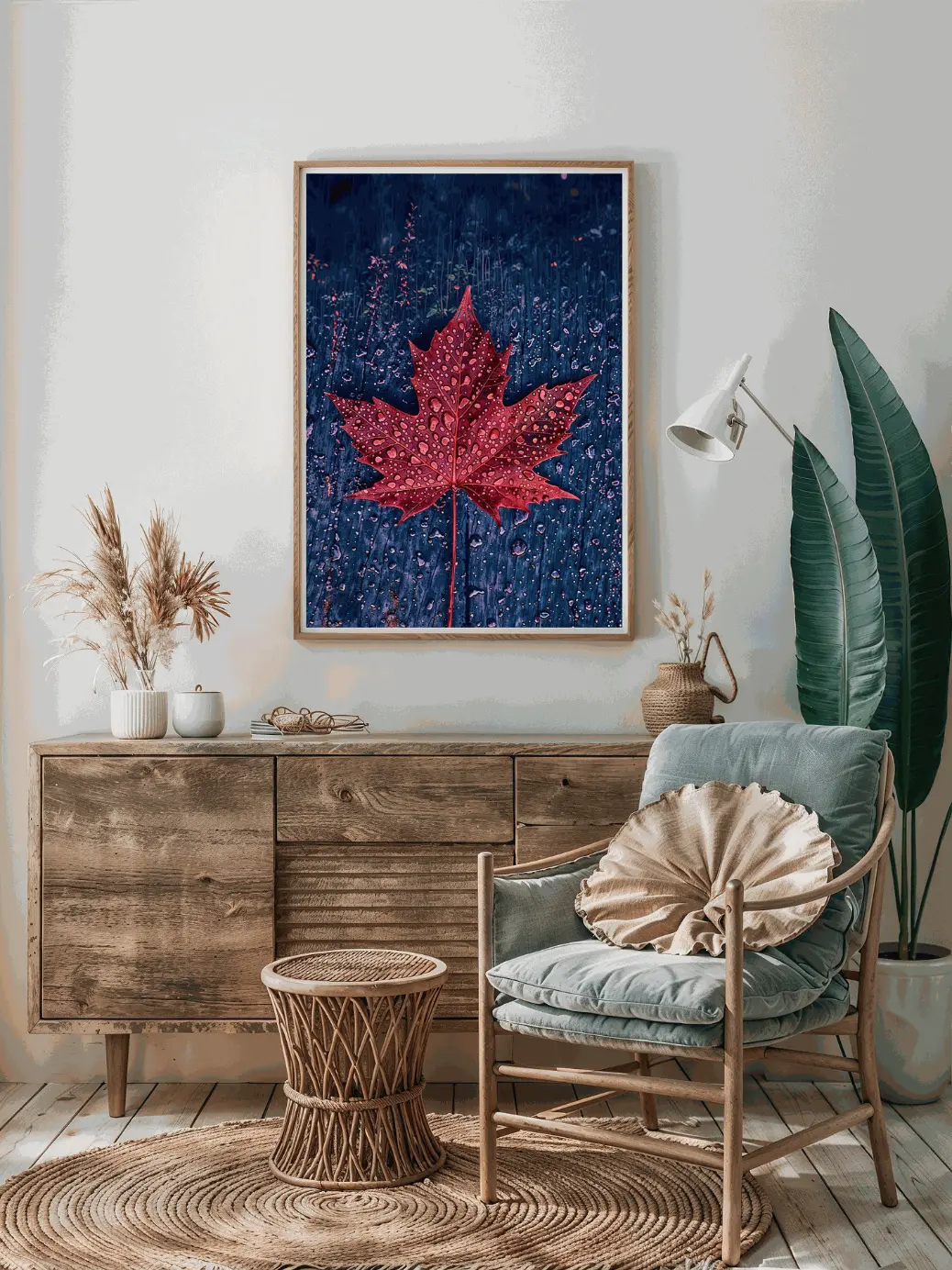 A striking red maple leaf adorned with water droplets on a rain-soaked wooden plank."