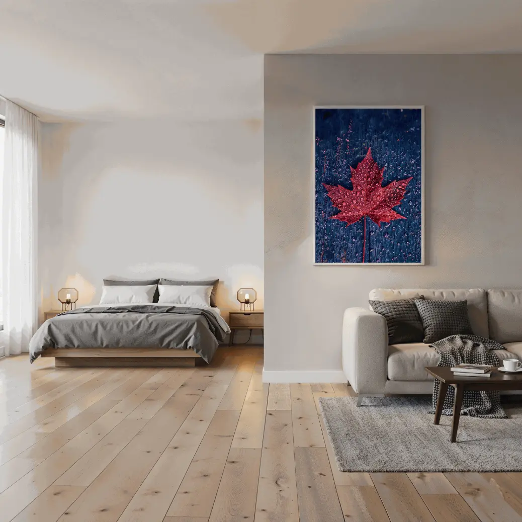 A detailed view of a red leaf with dew drops, lying on a wet, textured wooden surface."