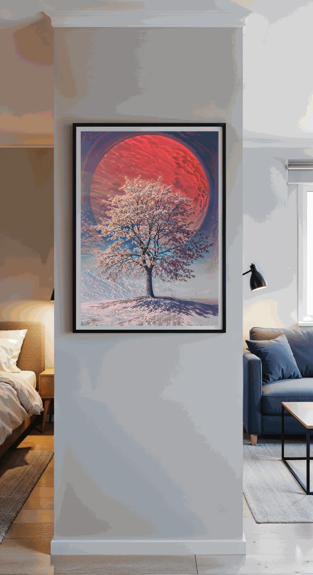 A fantastical landscape with a single tree adorned with snow and pink flowers, standing on a frosty slope beneath a large red celestial object and rugged peaks