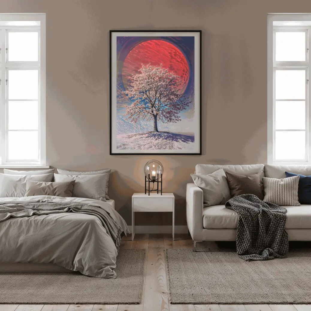 An ethereal scene featuring a lone tree with white and pink foliage, set against a surreal backdrop of a massive red planet and snow-covered mountains