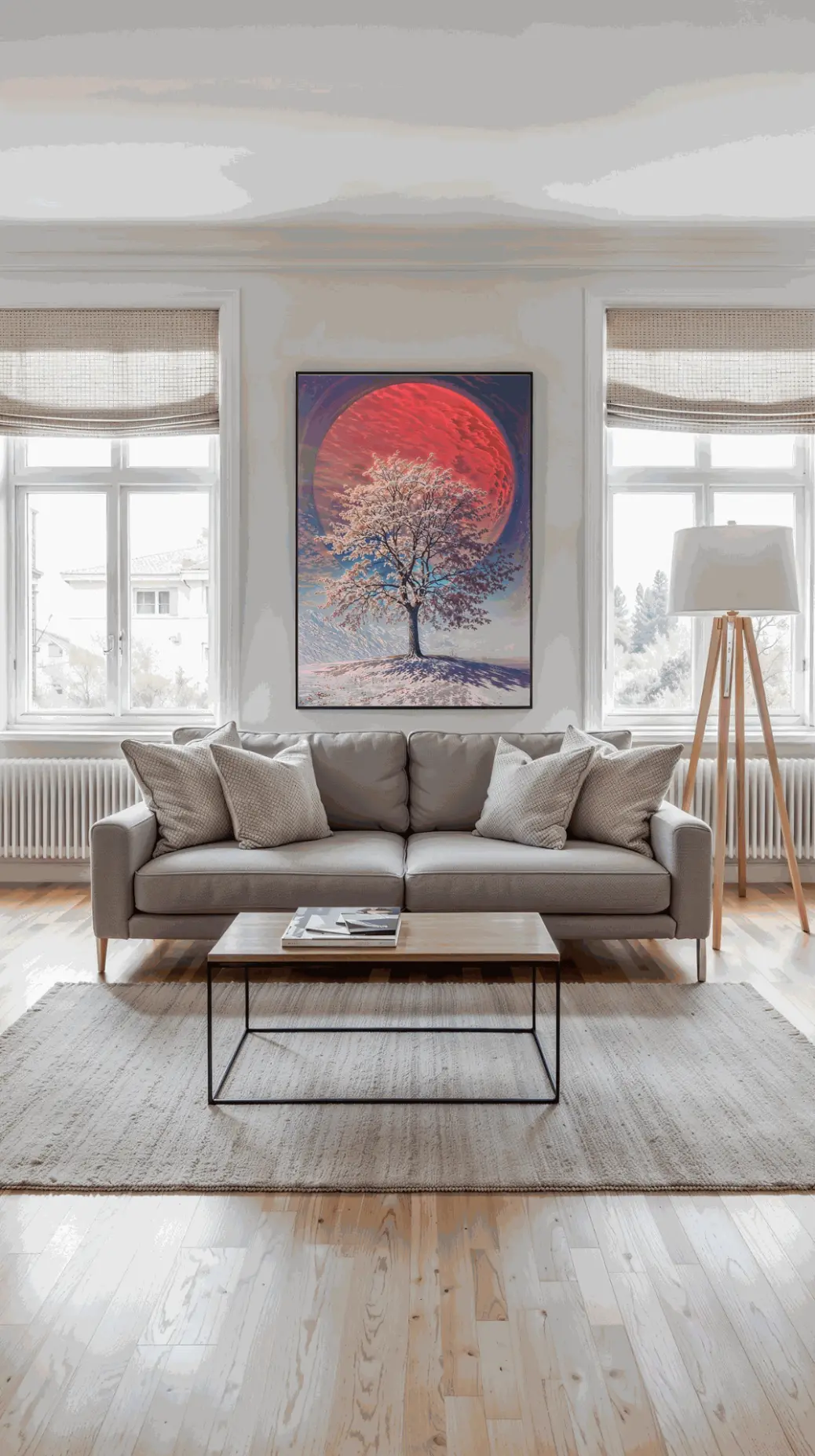 A striking artwork depicting a snow-laden tree with delicate blossoms, framed by a dramatic red sky and a circular structure, with distant mountains in the background.