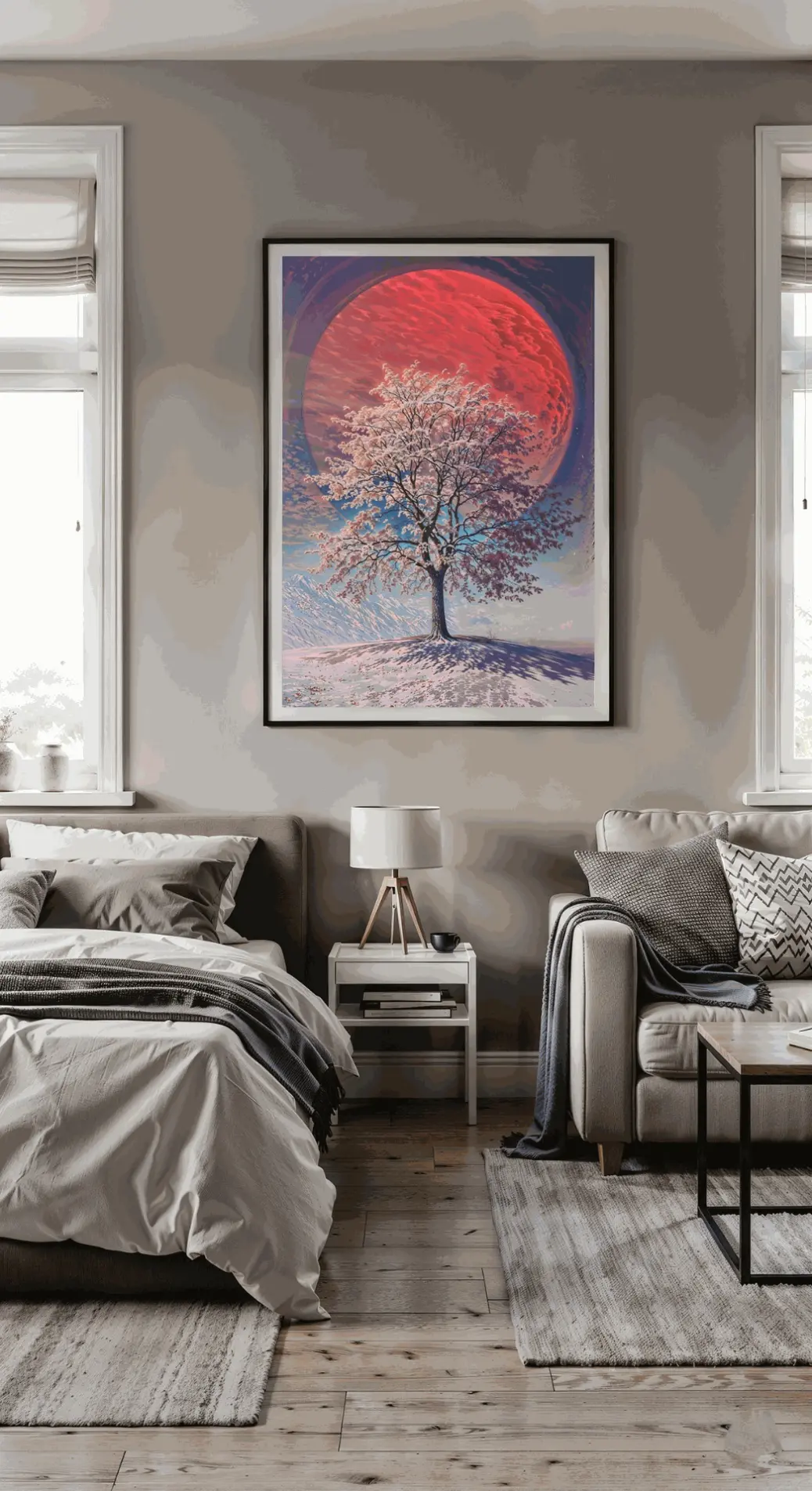 A breathtaking digital illustration of a solitary snow-dusted tree with pink blossoms, perched on a snowy hill under a vast sky dominated by a glowing red celestial body.