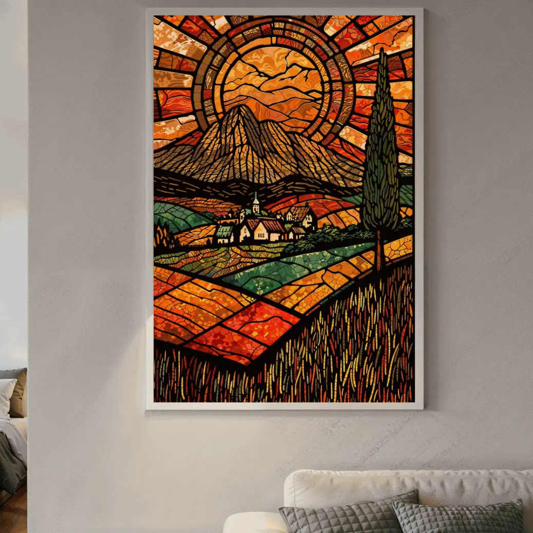 Golden countryside wall art — high-quality PNG digital download with stained glass effect, perfect for cozy modern home interiors.