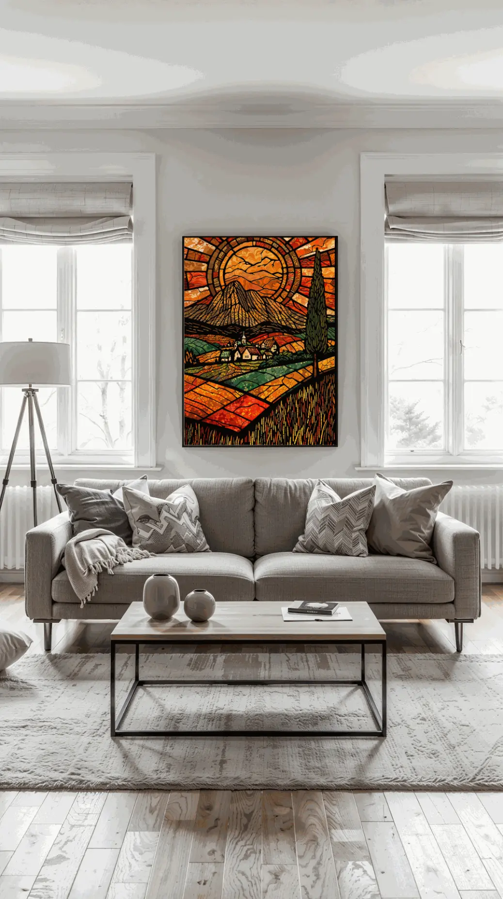 Sunlit Village Stained Glass Art Print — digital wall art depicting a glowing countryside sunset with warm golden tones and rustic village charm.