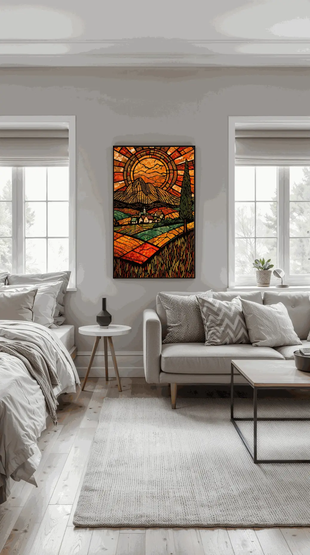 Colorful countryside digital wall art in stained glass style, showing rolling hills, trees, and a sunlit village — 2:3 ratio printable artwork.
