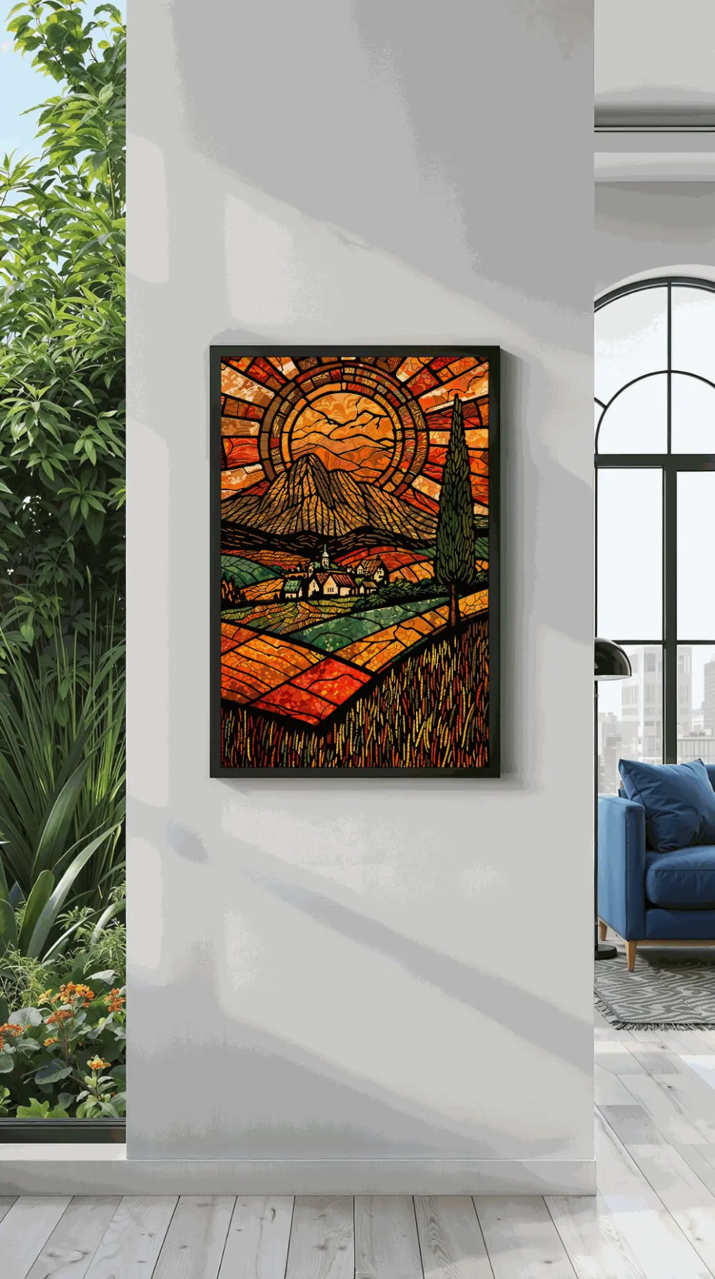 Digital stained glass landscape artwork featuring a vibrant mountain village under a radiant orange and yellow sky, printable high-resolution PNG.
