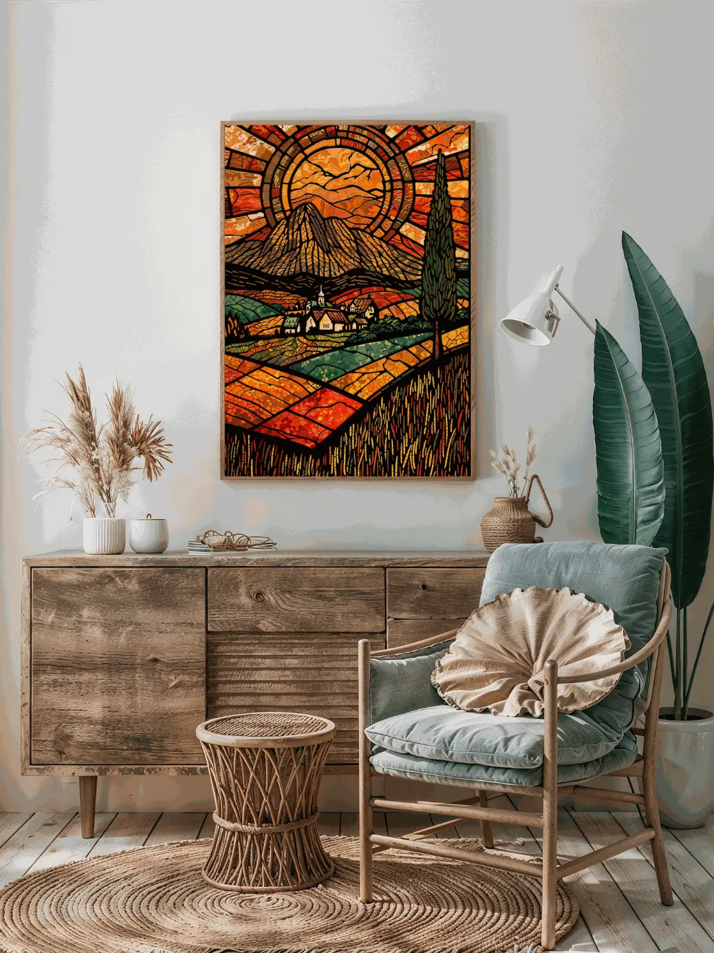 Rustic stained glass sunset landscape print — digital art download for home or office decor, featuring warm light and scenic village view.