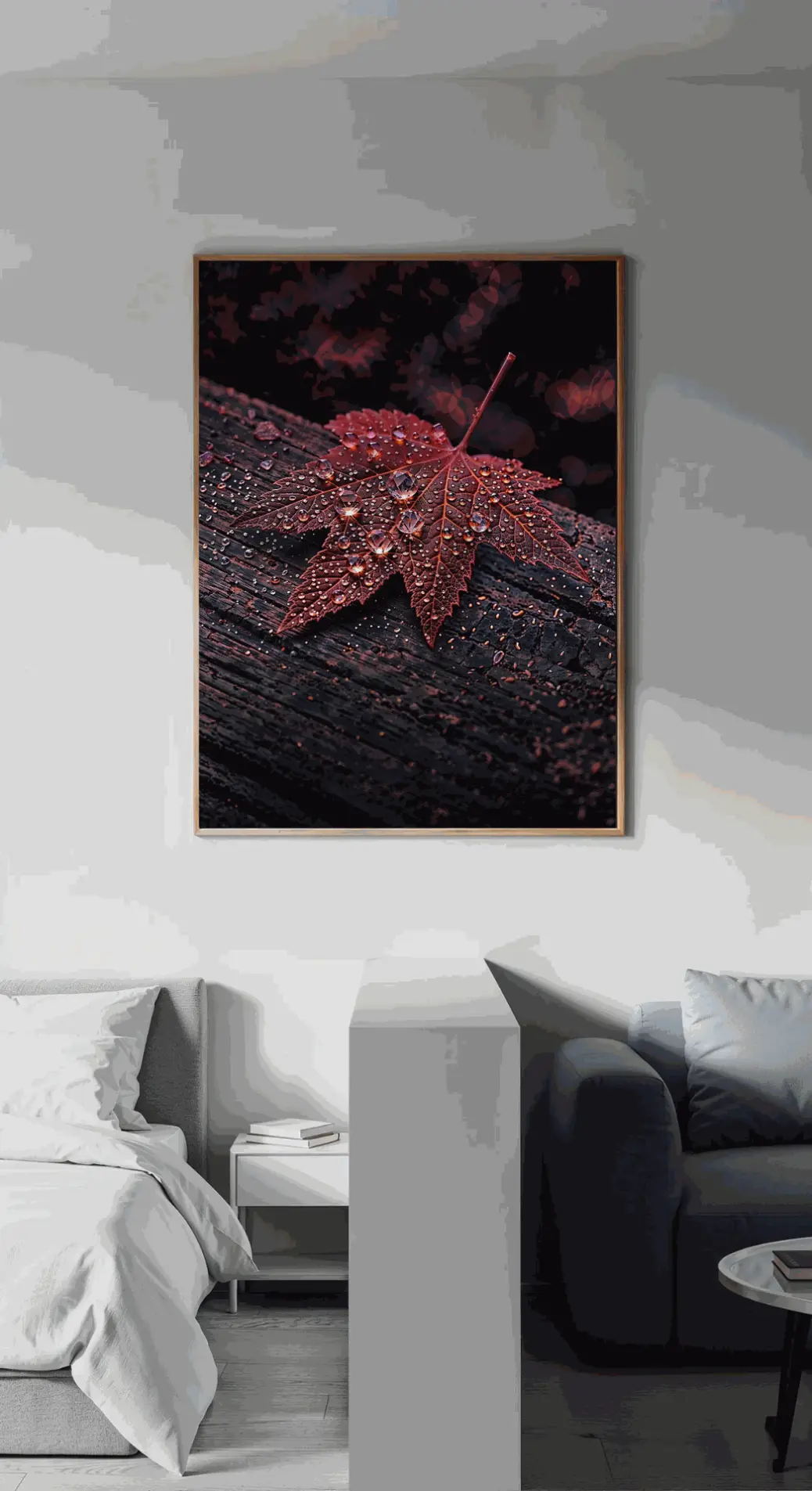 The Autumn Dew on Maple Leaf printable wall art framed and hanging in a cozy, rustic living room above a neutral-colored sofa.
