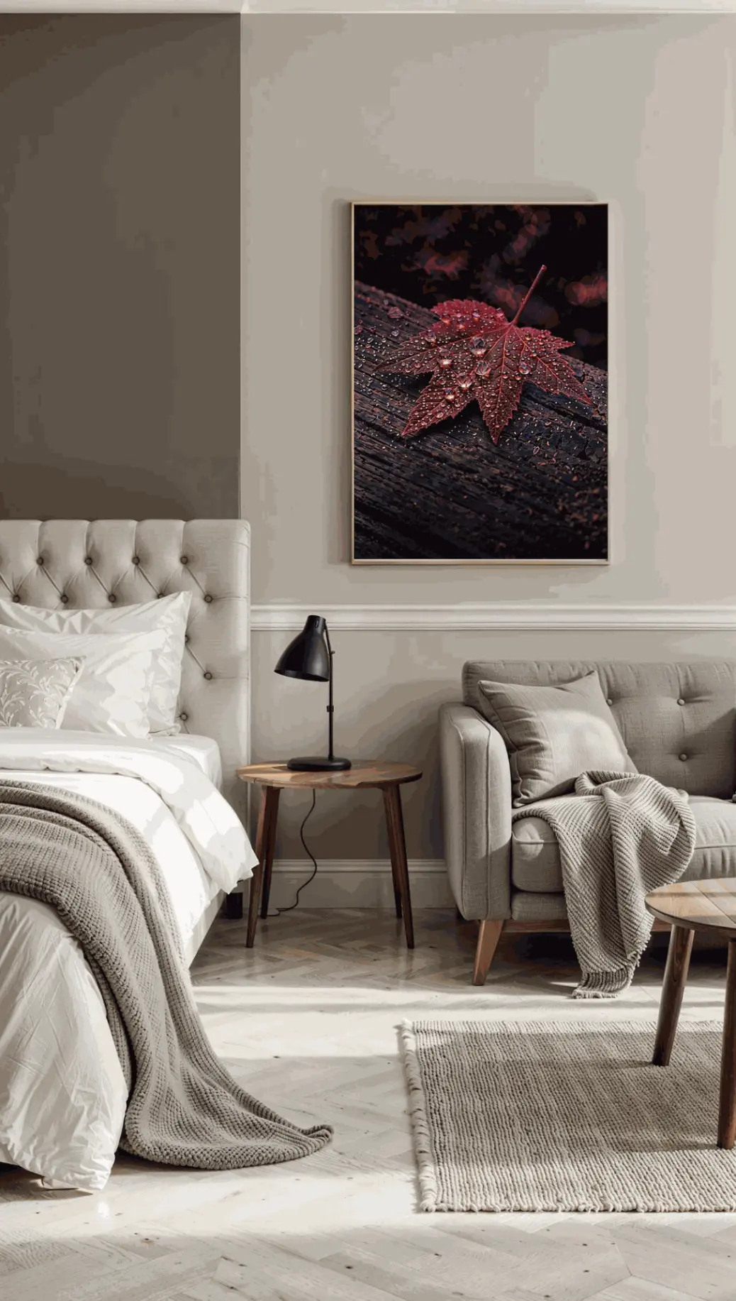 Macro detail of the 300 DPI quality of the autumn dew digital print, showing crisp, clear water droplets on the veins of the red maple leaf.