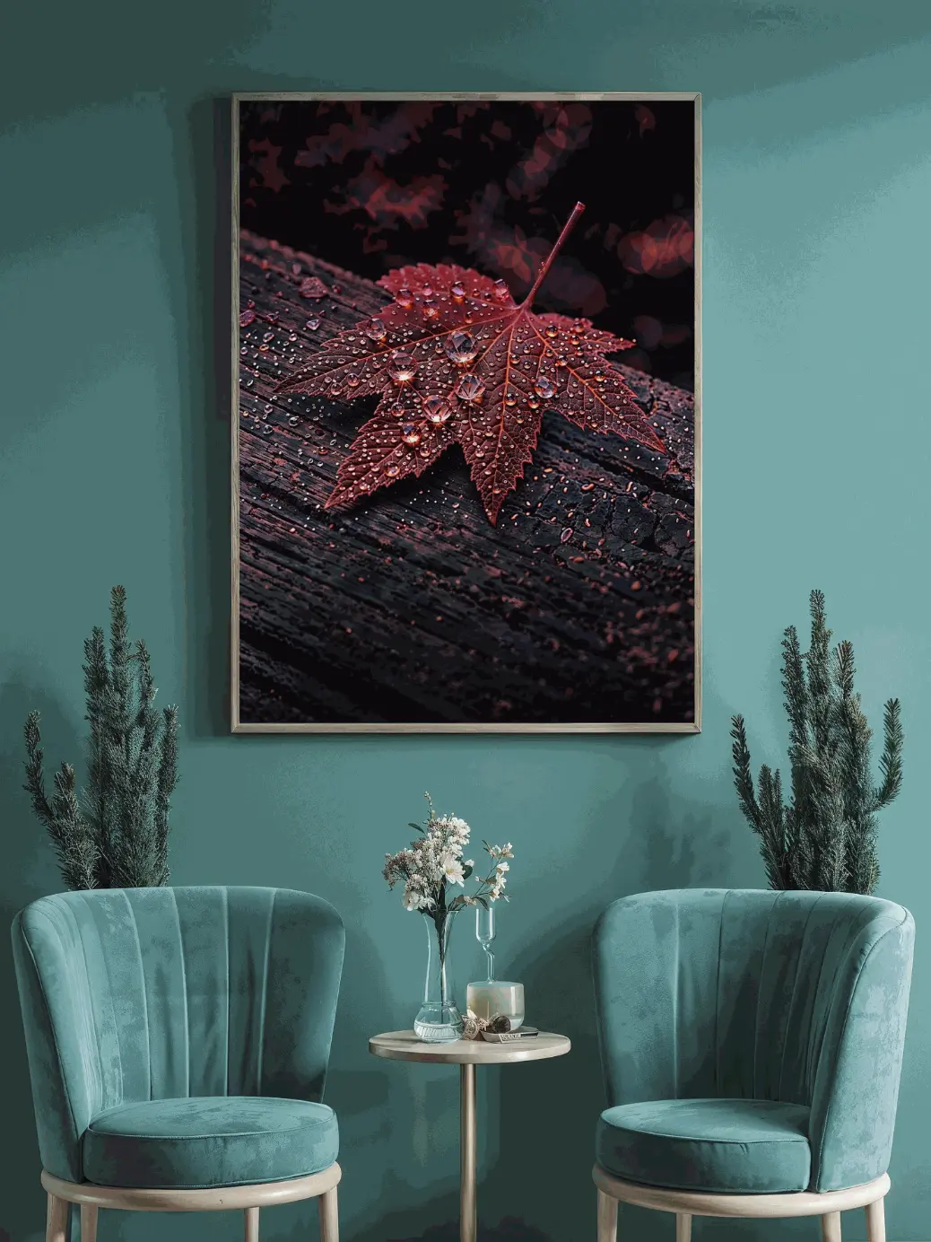 Close-up of a vibrant red maple leaf with glistening water droplets resting on dark, textured wood, showcasing the moody autumn decor digital art print.