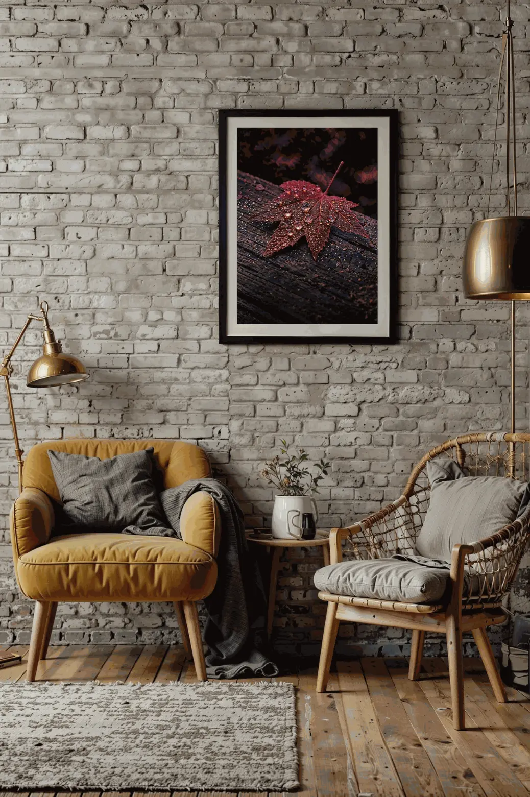 A piece of seasonal wall art featuring a dew-covered maple leaf, adding a touch of rustic elegance and warmth to a modern home's fall decorations.
