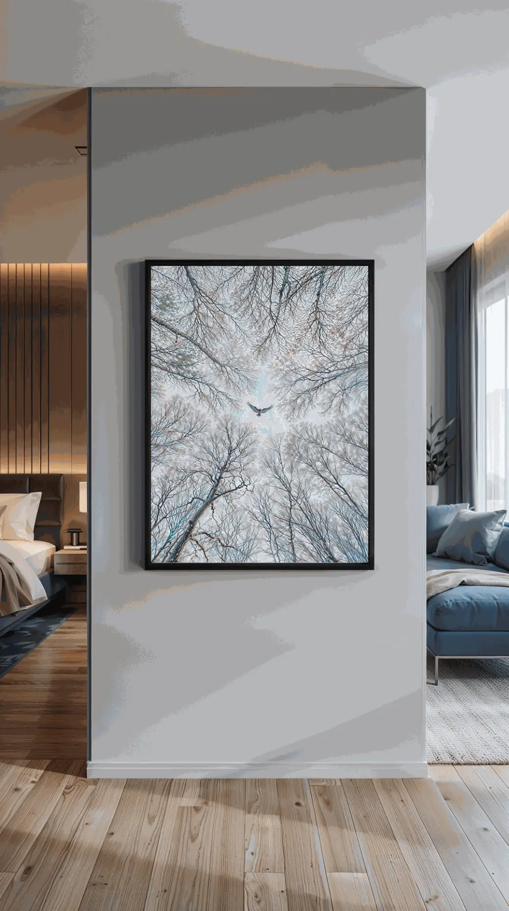 For the main product image: A worm's-eye view of a majestic eagle soaring through a canopy of delicate spring blossom trees towards a soft blue sky.