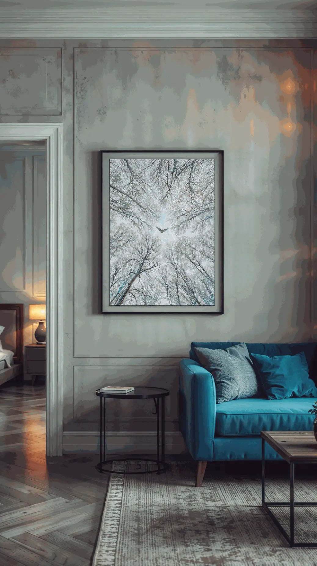 For an image of the art in a room: The Soaring Eagle art print in a light wood frame hangs on a neutral wall, bringing a sense of calm to a cozy living room reading nook.