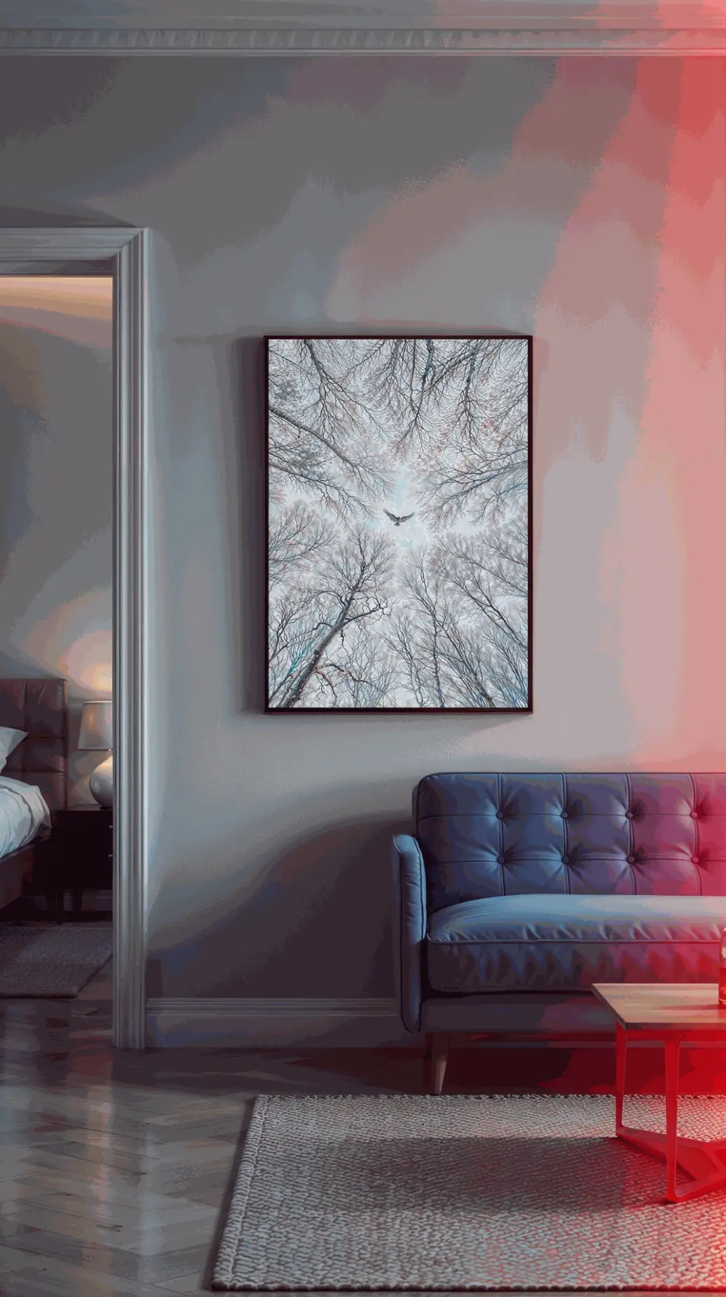 For a close-up of the print: A close-up detail shot of the Soaring Eagle art print, highlighting the crisp 300 DPI quality of the intricate tree branches and blossoms.