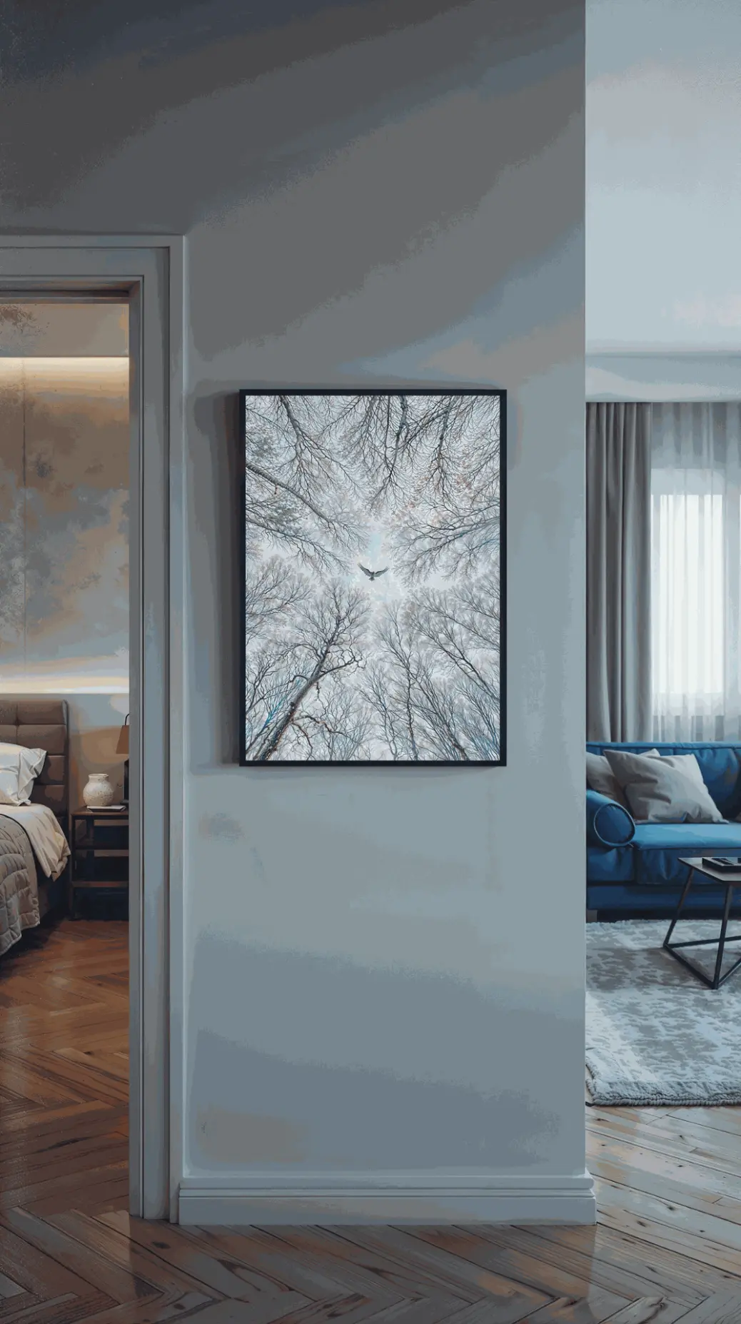 For a lifestyle shot: A person looking thoughtfully at the large, framed Soaring Eagle wall art, which serves as a serene focal point in their minimalist office.