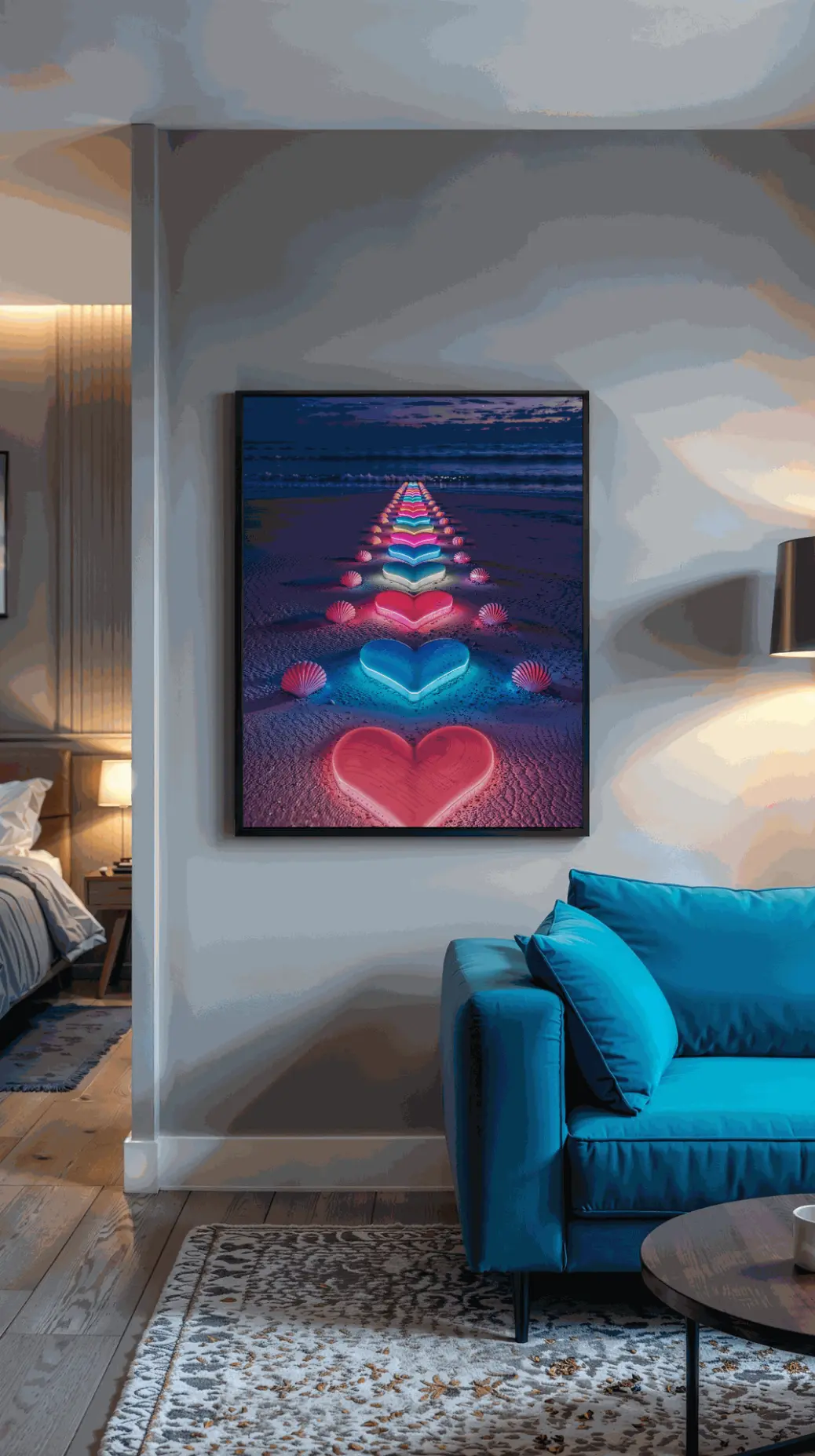 High-resolution digital wall art PNG of a magical neon hearts path on a beach, 300 DPI.