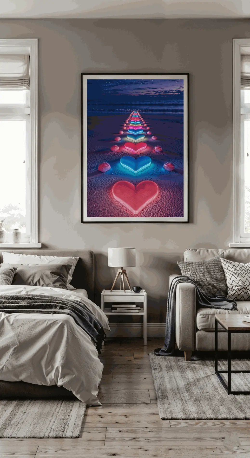 A vibrant line of multi-colored neon hearts on a sandy beach at night.