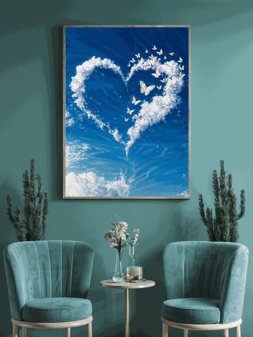 A stunning digital art print of a heart-shaped cloud in a vibrant blue sky, with white butterflies emerging from it.