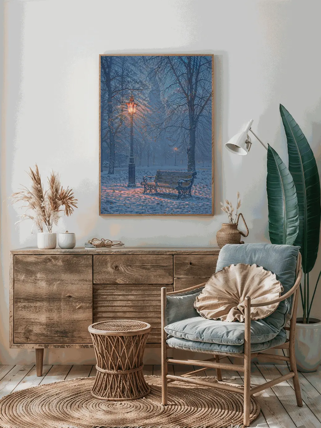 A digital art print showing a snowy park at twilight with a warm, glowing lamppost next to a park bench.