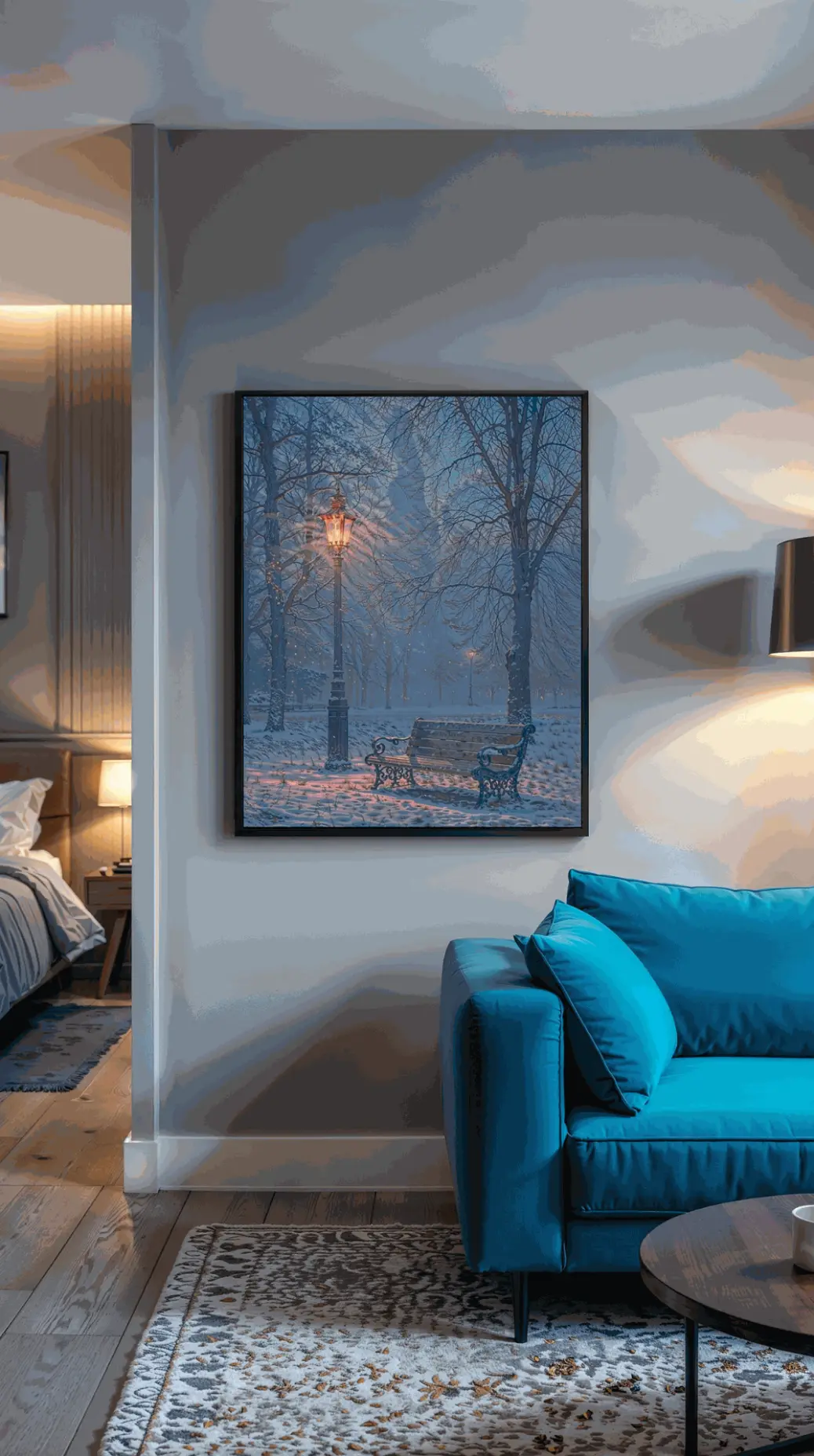 Close-up of the &#34;Winter Glow&#34; digital artwork, focusing on the light from the vintage lamppost on the snow.