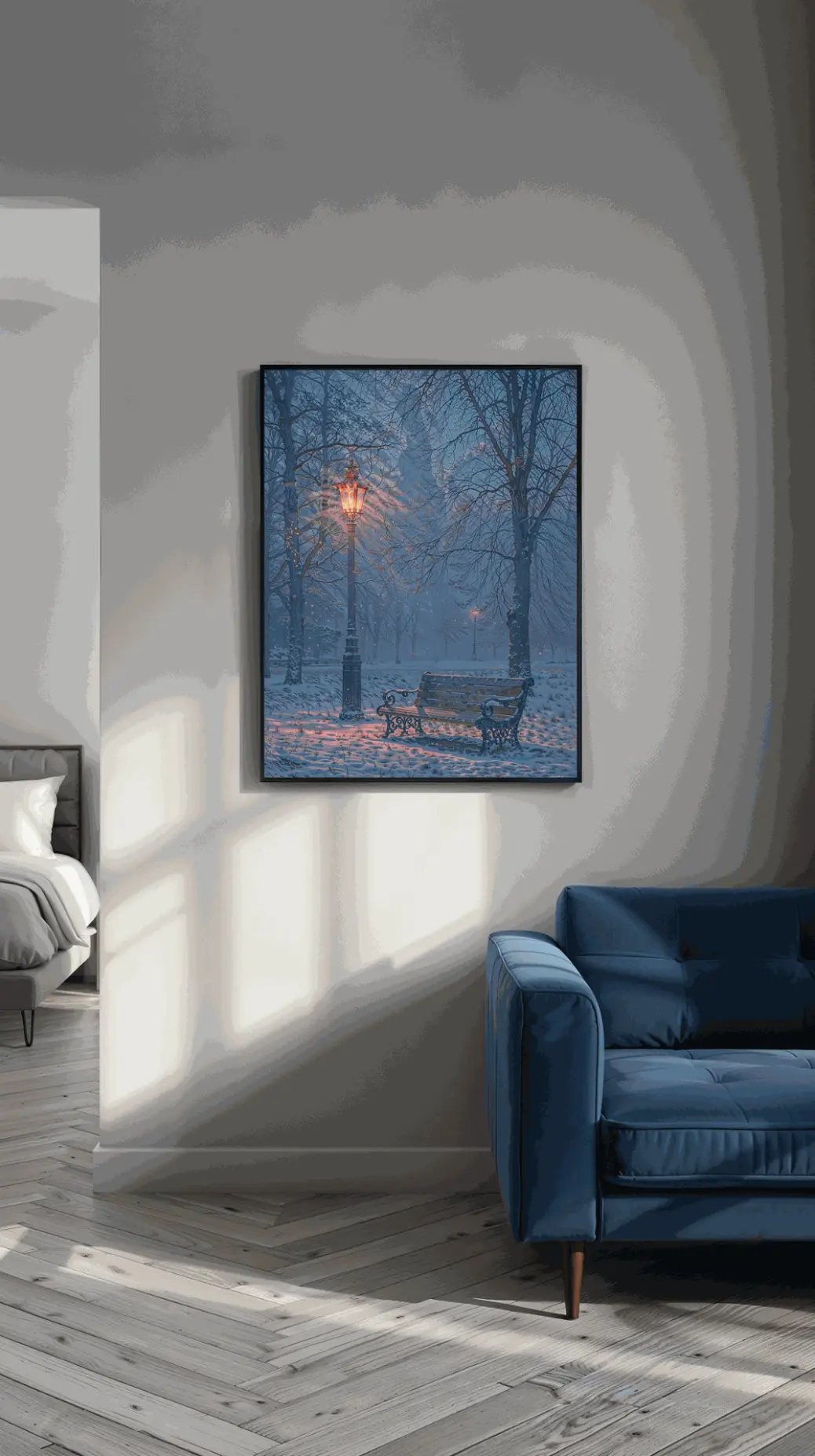The &#34;Winter Glow&#34; printable art displayed in a cozy living room setting
