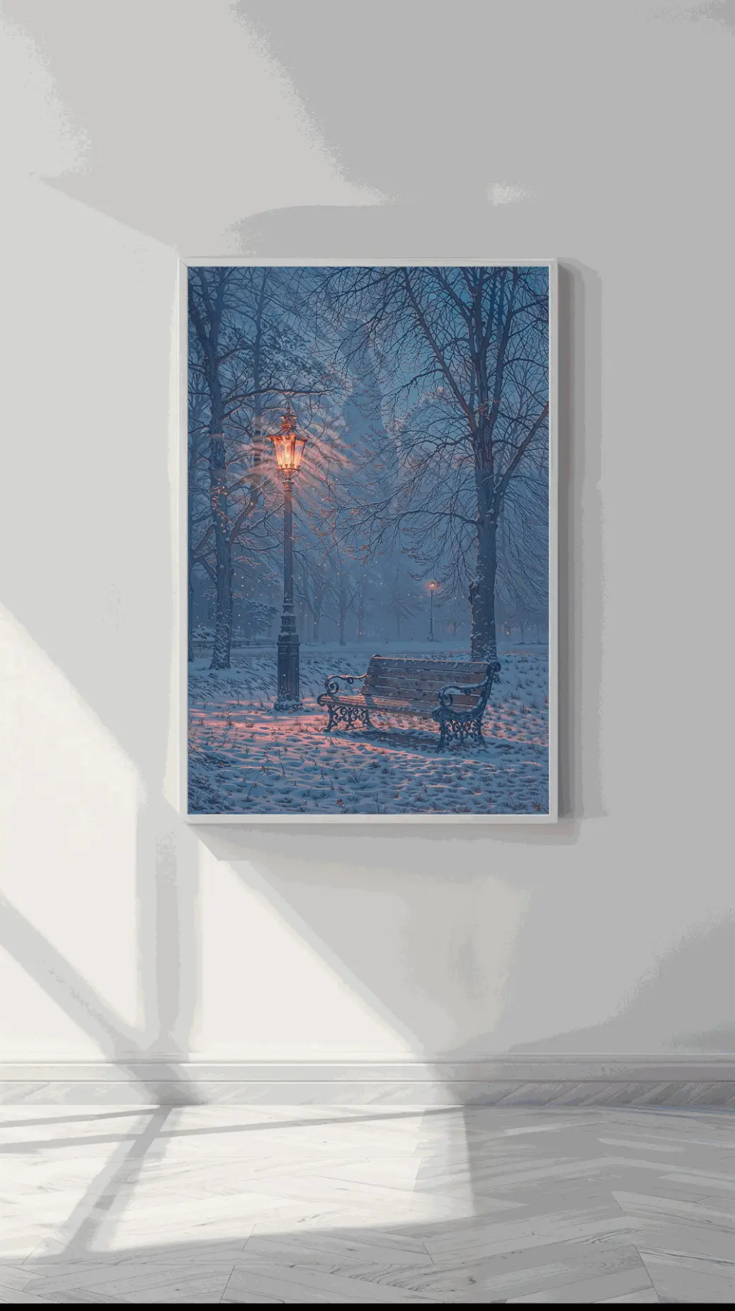 Serene winter wall art print of a snow-covered park bench and lamppost.