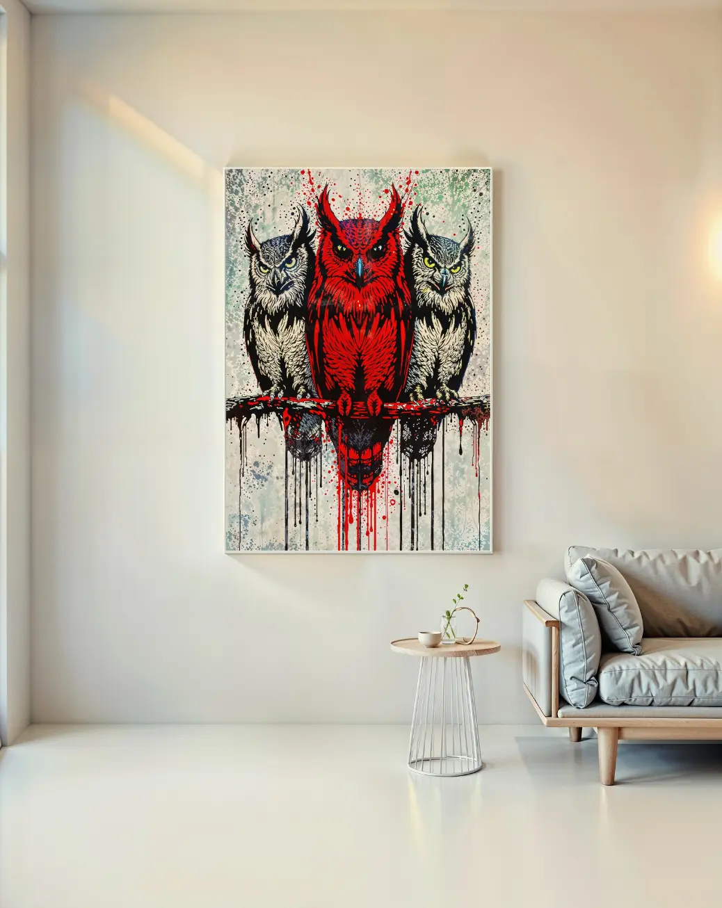 A graphic showing the 2:3 ratio print sizes for the Crimson Owl Trio art, from 8x12 to 24x36.