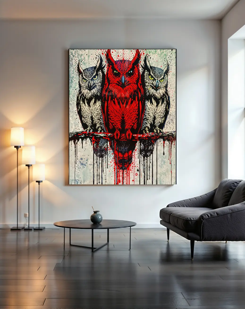 close-up of the Crimson Owl Trio print, highlighting the detailed linework and red paint drip effect.